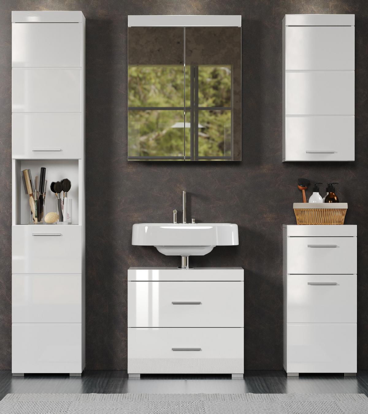 BADMÖBEL-SET weiß Hochglanz 5-teilig 163 x 190 cm, moderne Badezimmer-Schränke - Weiß Hochglanz/Alufarben, Glas/Holzwerkstoff (163/190/34cm) - Top.Furn