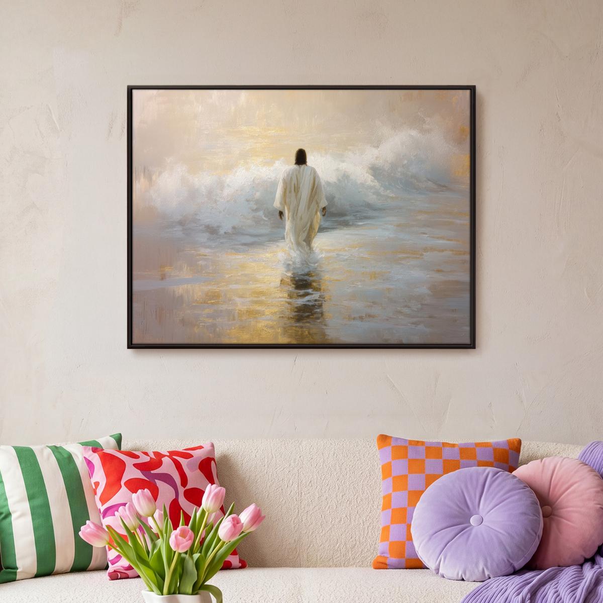 LEINWAND Bilder mit Rahmen - Gemälde - Welle - Jesus - Abstrakt - 70x50 - Goldfarben, Textil (70/50cm) - MuchoWow