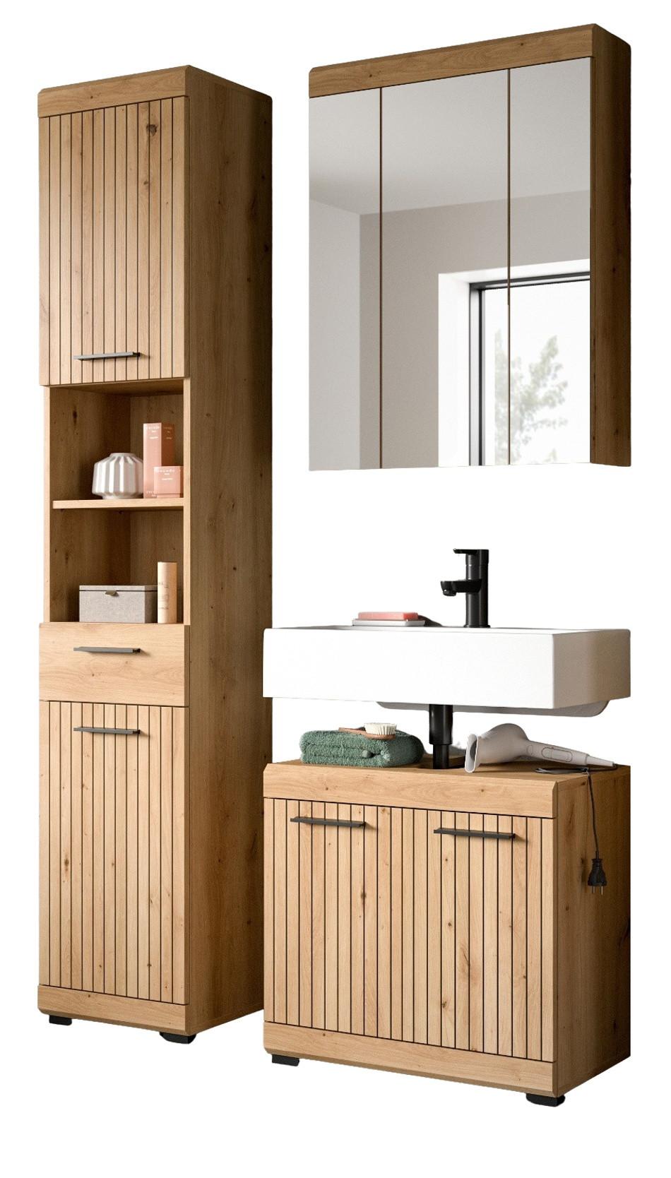 BADMÖBEL-SET 3-teilig Eiche Artisan 112 x 191 cm, Badkombination modernes Design - Schwarz/Eiche Artisan, Glas/Holzwerkstoff (112/191/34cm) - Inn.Furn