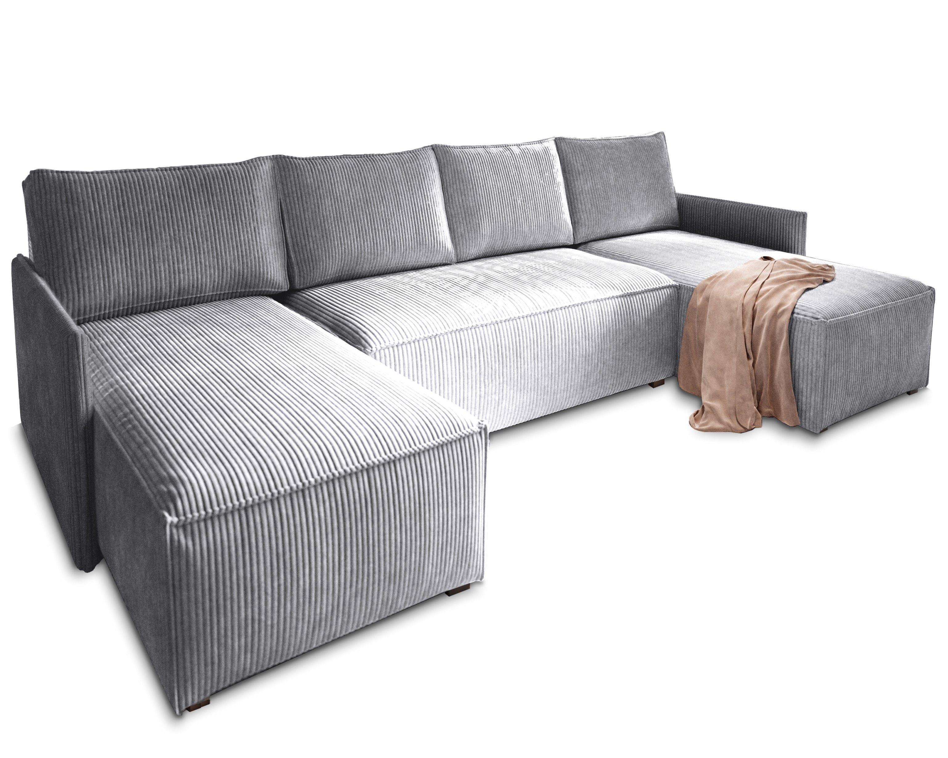 WOHNLANDSCHAFT TRES Hellgrau Kordstoff mit Schlaffunktion - Hellgrau/Grau, Holz/Kunststoff (271/85/140cm) - MASSENO