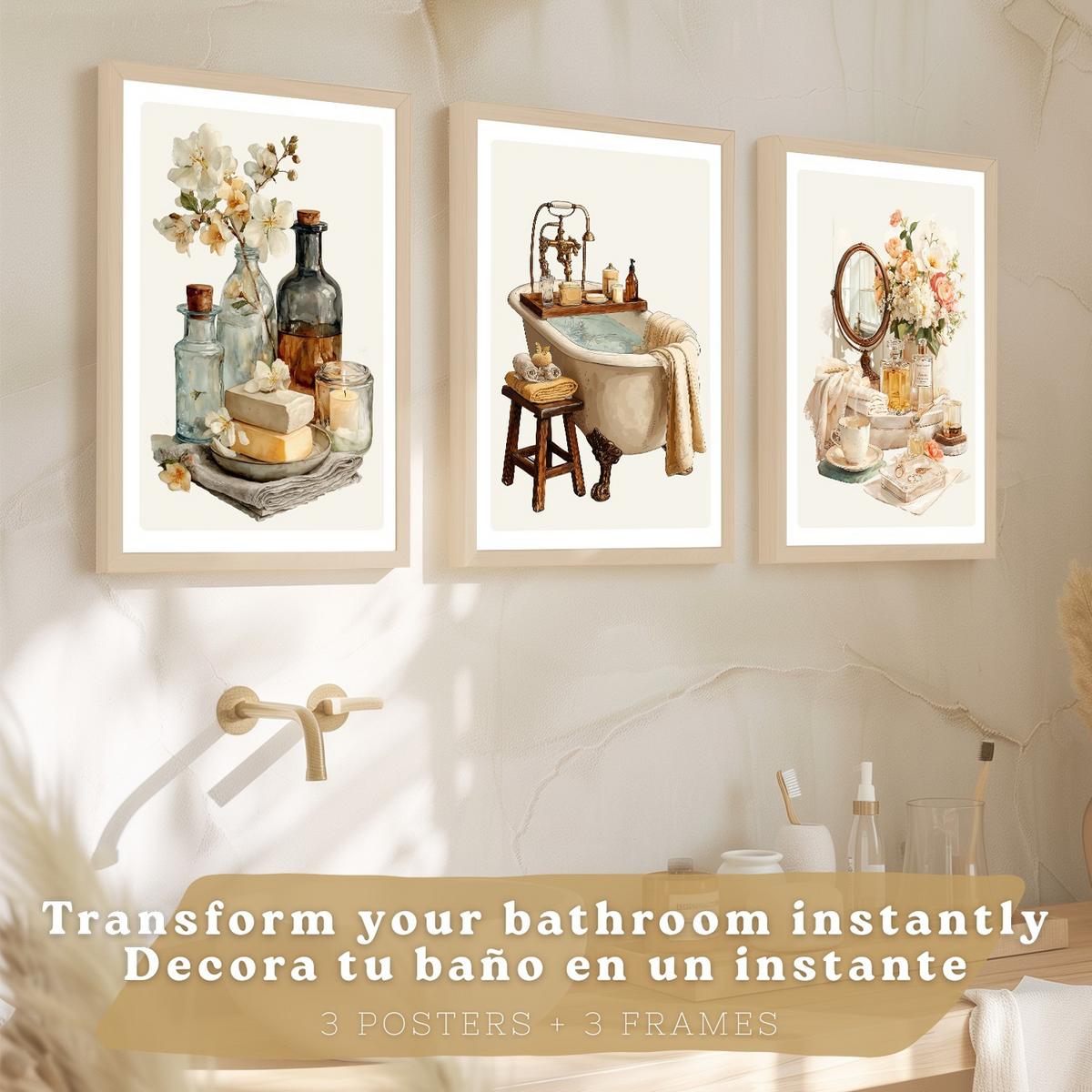 POSTER 3er-Set dekorative Badezimmer-Wandbilder und, Vintage-Stil für Waschbecken, Dusche, WC mit Badewanne, Blumen und Spiegel Leichter Holzrahmen A4 - Beige, Papier (29.7/21/3cm) - Nacnic