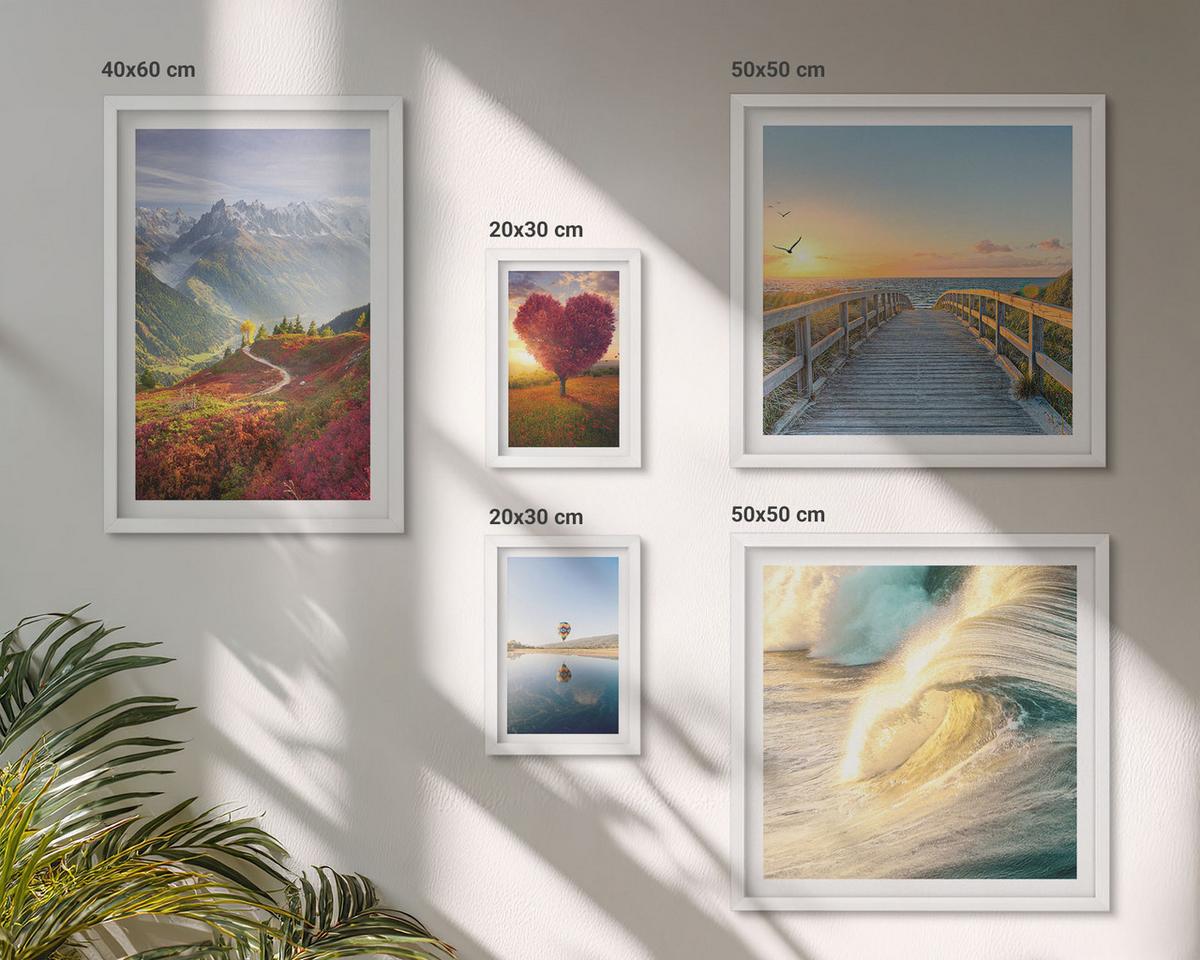 BILDER SET 5er Set - 50x50 cm & 20x30 cm & 40x60 cm Weißer Rahmen - Landschaften Berge Wellen Baum Herz Pier - Weiß, Kunststoff (40/60cm) - TULUP