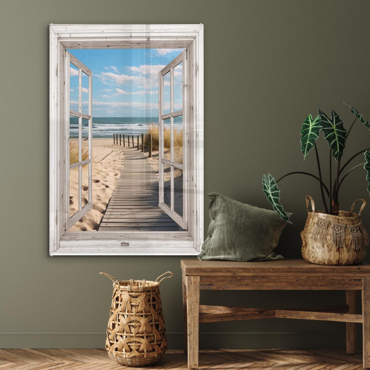 ACRYLGLASBILD Fenster - Meer - Küste - Natur - Ausblick - Strand - Wattenmeer 80x120 cm - Beige, Glas (80/120cm) - MuchoWow