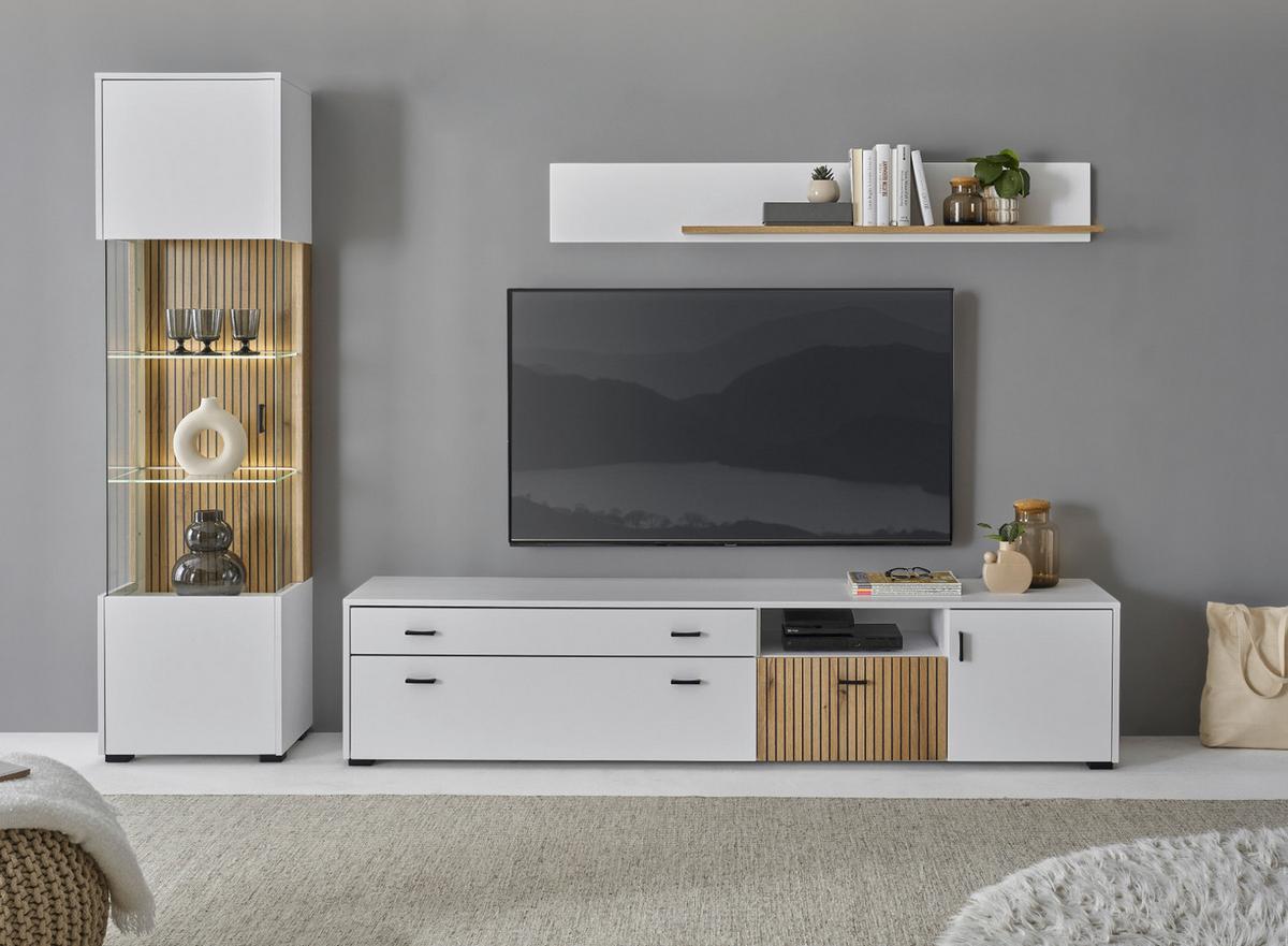 VITRINE weiß matt, Eiche 48 x 180 cm, Glasvitrine mit 5 Fächern und Soft-Close - Eichefarben/Schwarz, Glas/Holzwerkstoff (48/180/38cm) - Furn.Design