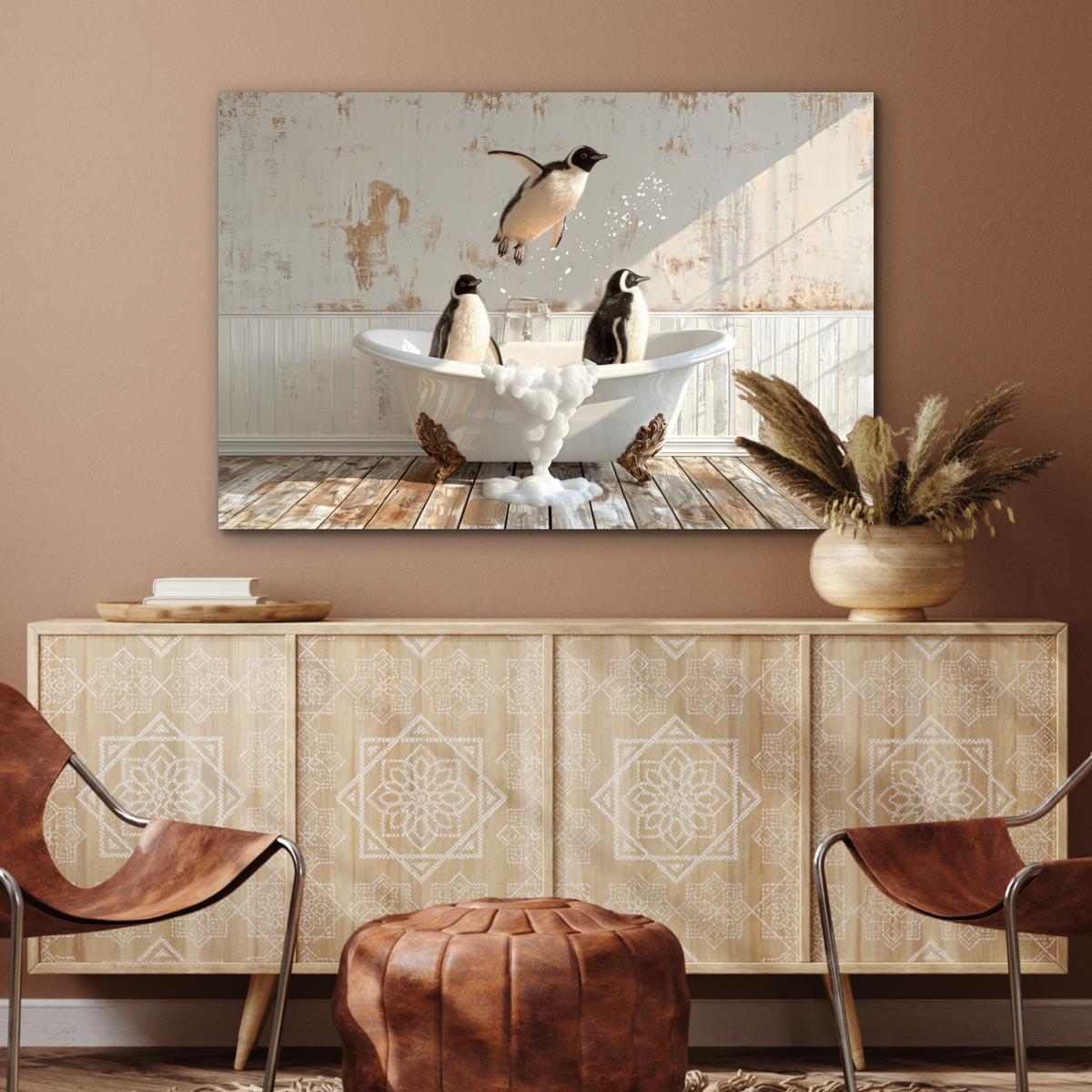 METALLBILD Vintage - Pinguin - Badewanne - Schaumstoff Wanddeko 90x60 cm - Schwarz, Metall (90/60cm) - MuchoWow