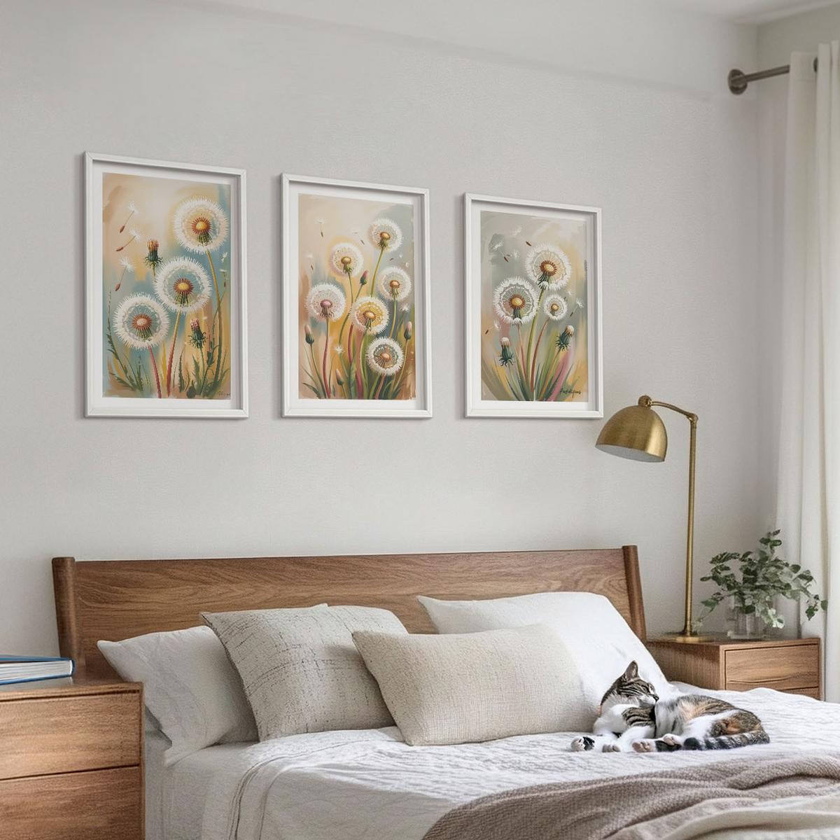 BILDER SET 3er Set - 40x60 cm Weißer Rahmen - Löwenzahnblüten, pastellfarbene Gräser - Weiß, Kunststoff (40/60cm) - TULUP