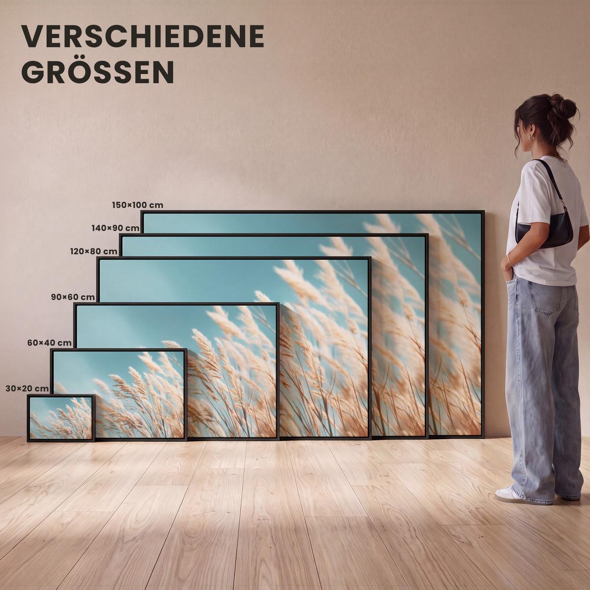 LEINWAND Bilder mit Rahmen - Ziergras - Wind - Hellbraun - 140x90 - Hellblau, Textil (140/90cm) - MuchoWow