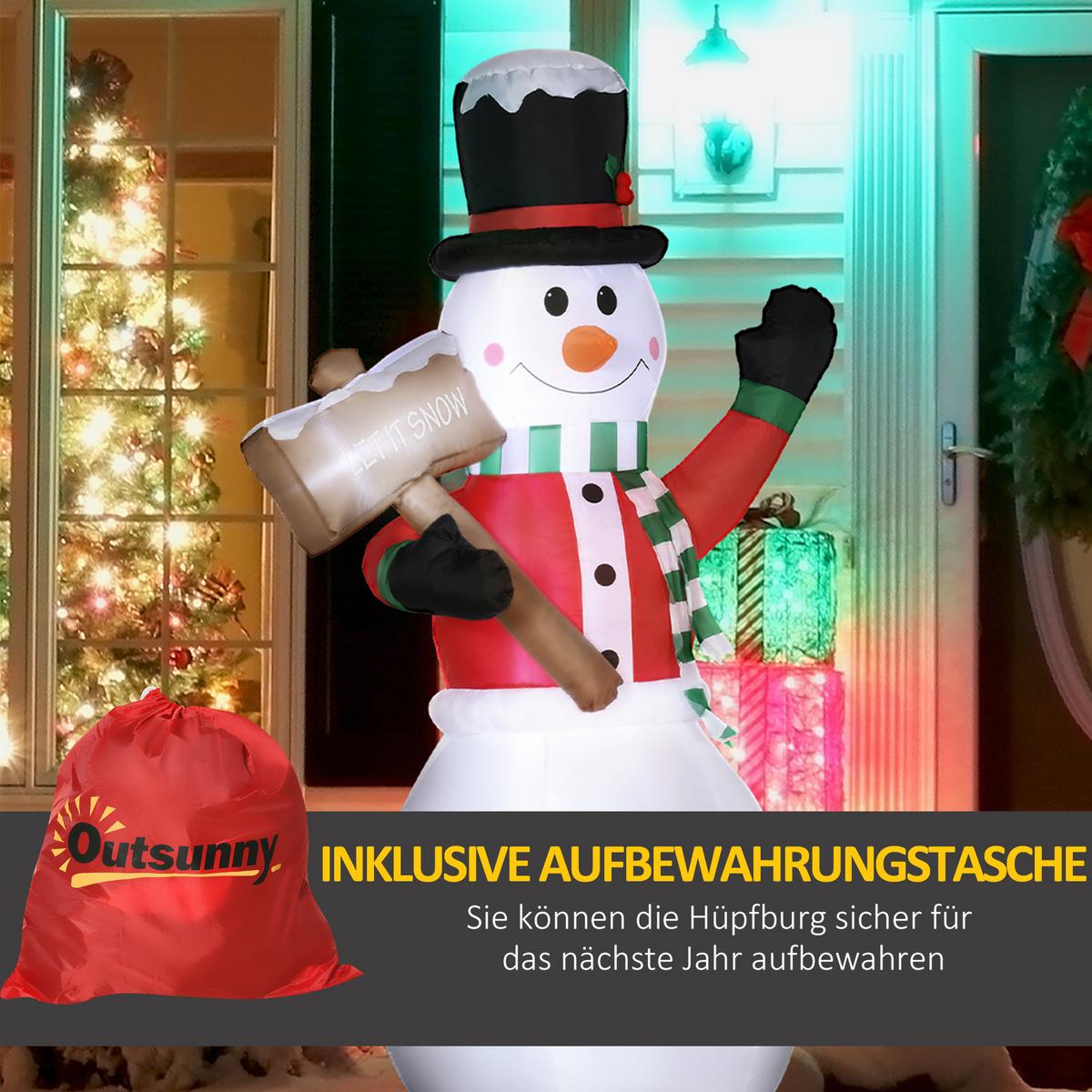 180 cm Aufblasbarer Schneemann mit Schild Weihnachtsdekoration mit LED-Licht - Weiß, Kunststoff (70/180/103cm) - Outsunny