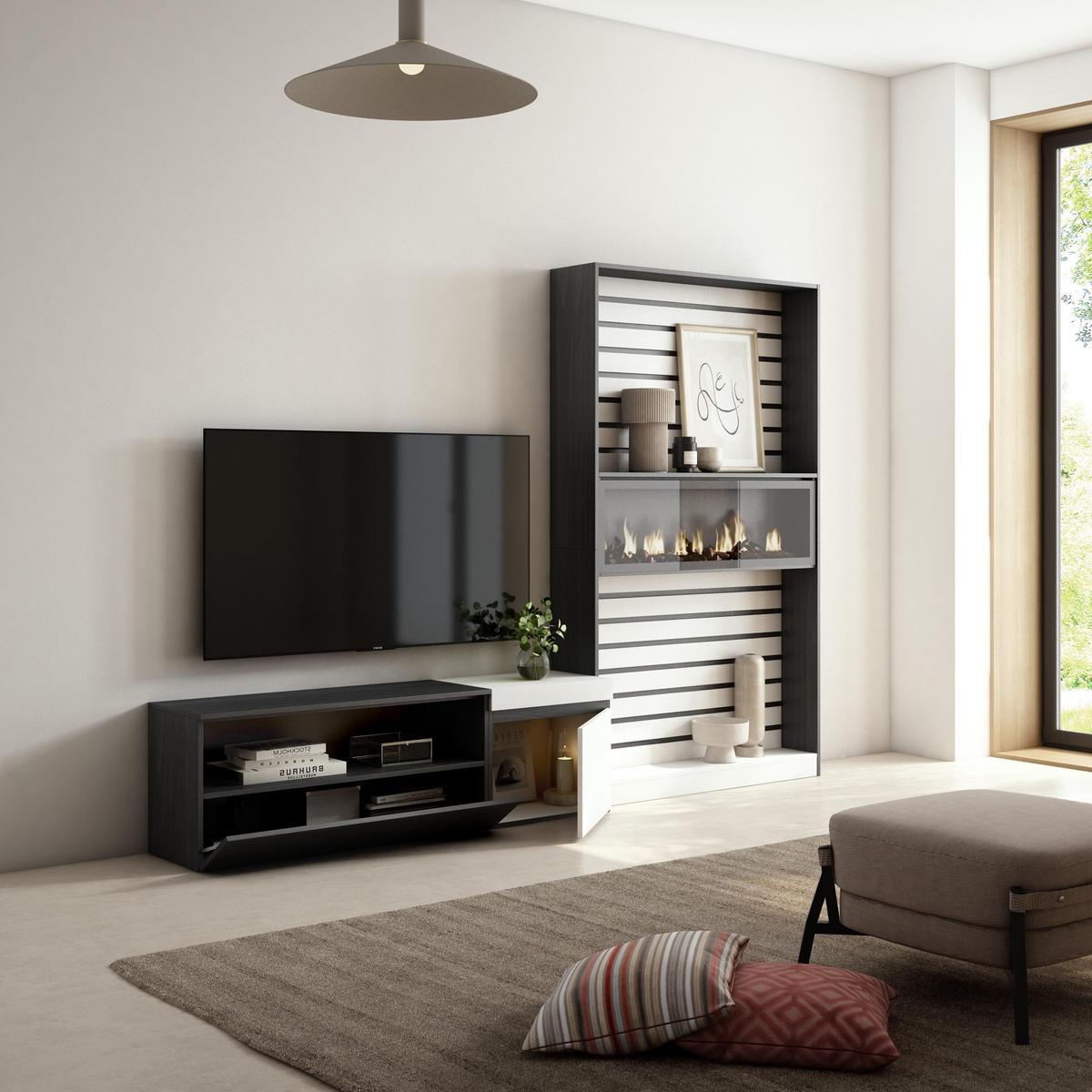 WOHNWAND Elektrokamin, weiß, schwarz, 260/35/186cm - Multicolor/Schwarz, Holzwerkstoff (260/186/35cm) - Skraut Home