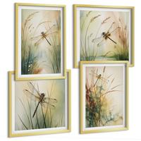 BILDER SET 4er Set - 50x50 cm & 40x60 cm Goldrahmen - Libellengräser über dem Wasser - Goldfarben, Kunststoff (50/50cm) - TULUP