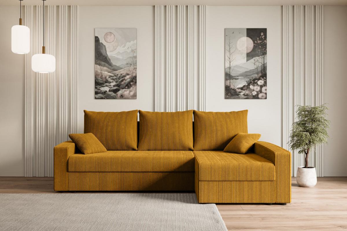 ECKSOFA mit Schlaffunktion und Bettkasten ALESIA-L 231x140x90 cm Senfgelb Cord - Gelb/Silberfarben, Holzwerkstoff/Kunststoff (231/140cm) - ALTDECOR