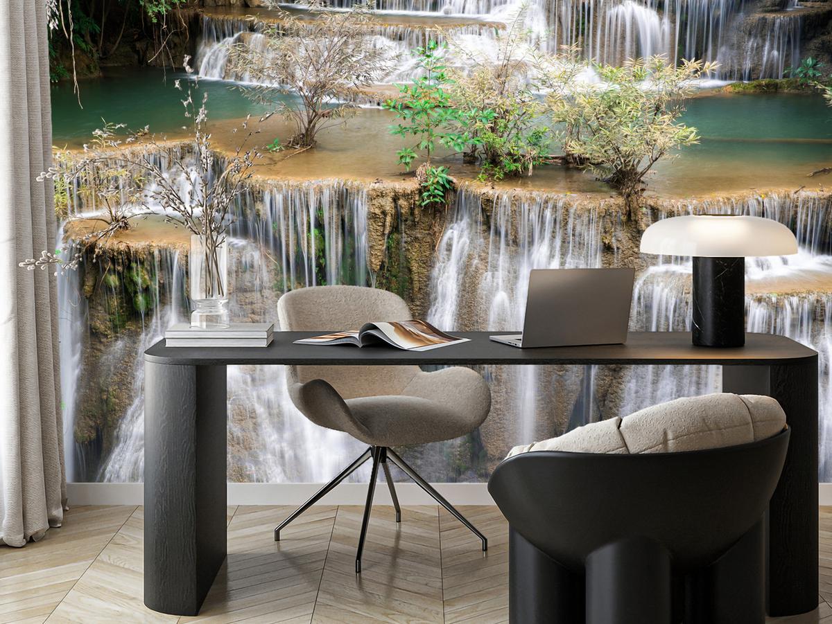 FOTOTAPETE für Wohnzimmer Wasserfall Panorama Pflanzen Natur 250x175 - Blau/Beige, Papier (250/175cm) - Muralo