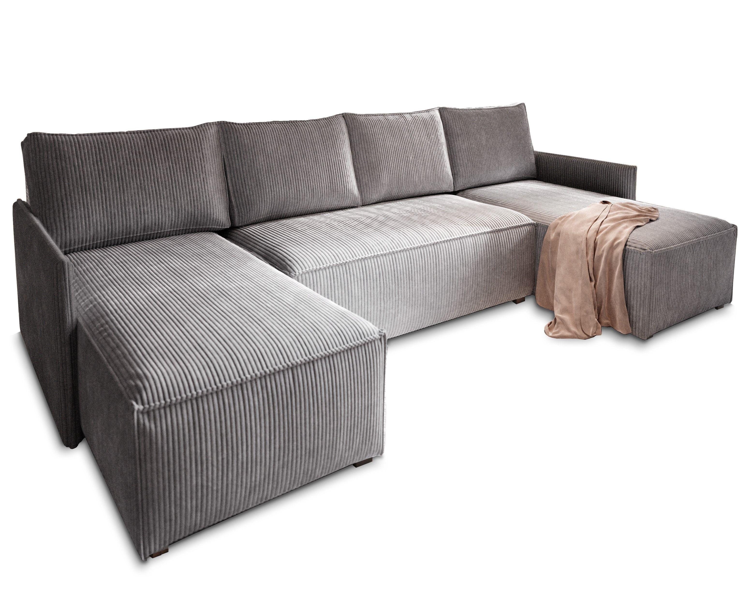 WOHNLANDSCHAFT TRES Grau Kordstoff mit Schlaffunktion - Grau, Holz/Kunststoff (271/85/140cm) - MASSENO