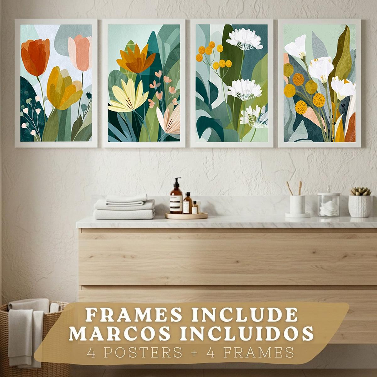 POSTER 4er-Set dekorative Badezimmerdrucke, moderne abstrakte florale Wandposter für Waschbecken, farbenfrohe nordische Dekoration Weißer Rahmen A3 - Weiß, Papier (42/29.7/3cm) - Nacnic