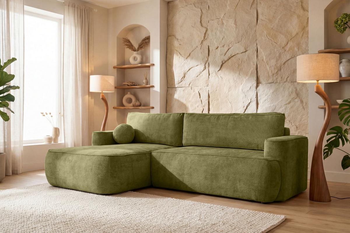 ECKSOFA Marion mit Schlaffunktion & Bettkasten in Chenille Grün, Links 267/154/83 cm - Schwarz/Grün, Kunststoff/Textil (267/154cm) - WFL GROUP
