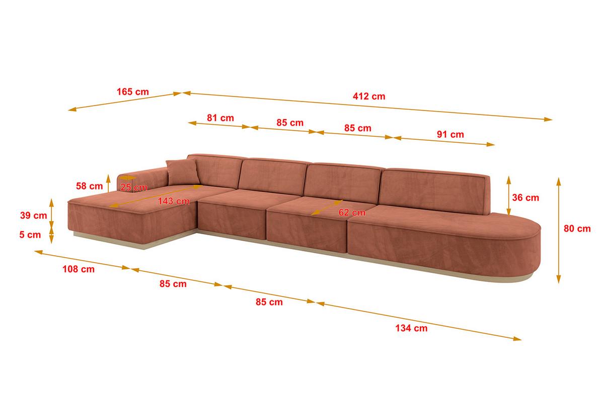 ECKSOFA Ottomane Links IREA-L3 - 412x165x80 cm Apricot - Koralle, Holzwerkstoff/Textil (412/165cm) - ALTDECOR