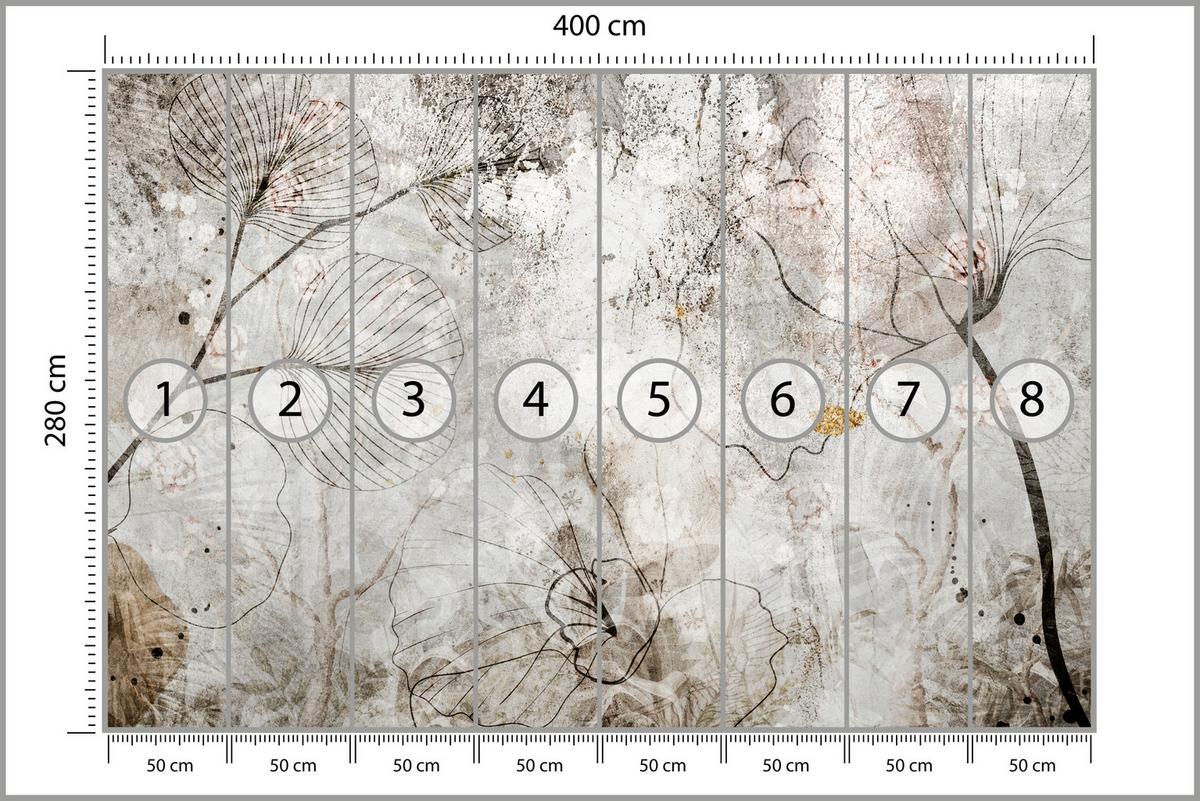 FOTOTAPETE für Wohnzimmer Vintage Blätter Blumen Beton Abstrakt 400x280 - Gelb/Orange, Papier (400/280cm) - Muralo