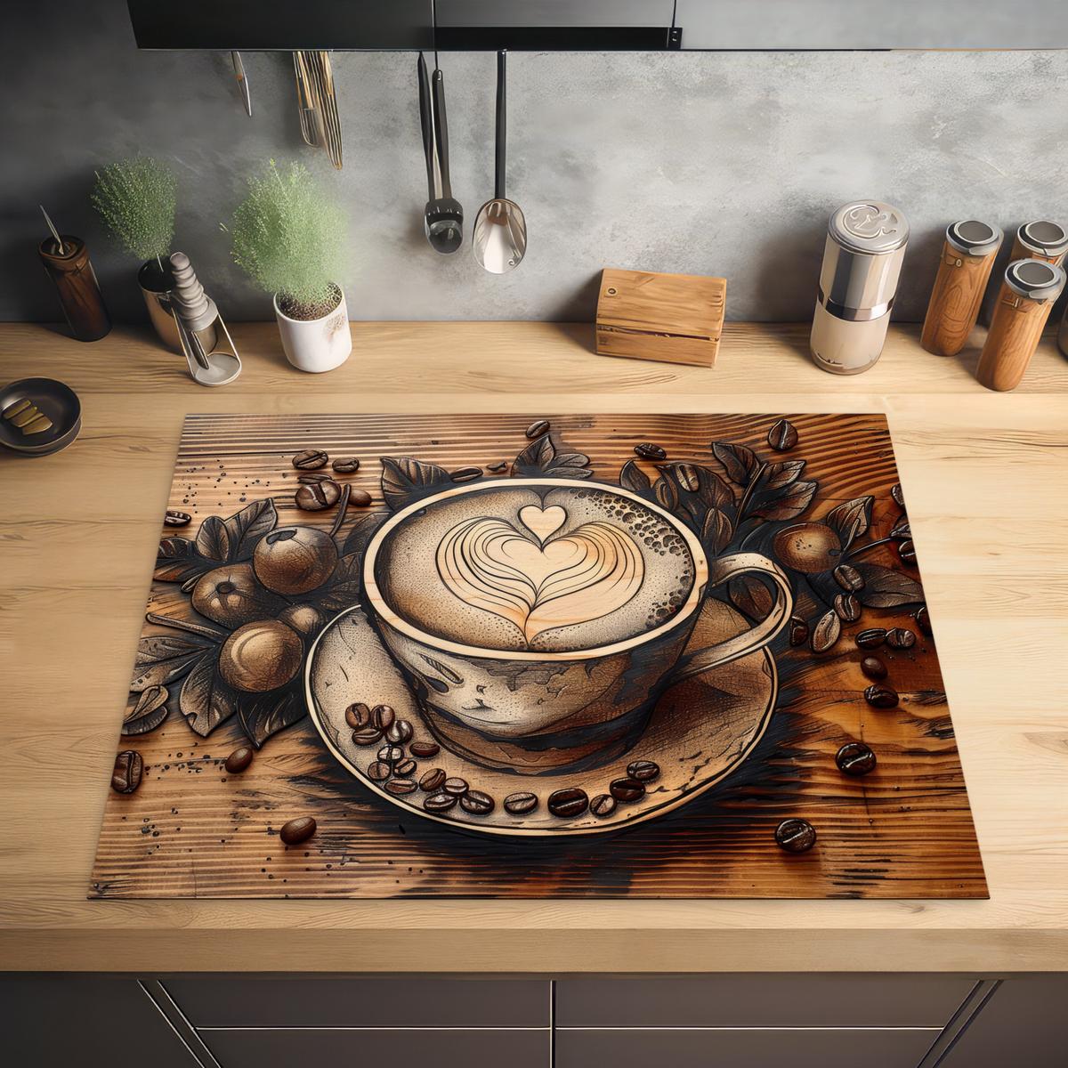 HERDABDECKPLATTE Kaffee - Vintage - Braun - Tasse - Holz Induktionsmatte 77x59 cm - Cappuccino, Kunststoff (77/59/0.2cm) - MuchoWow