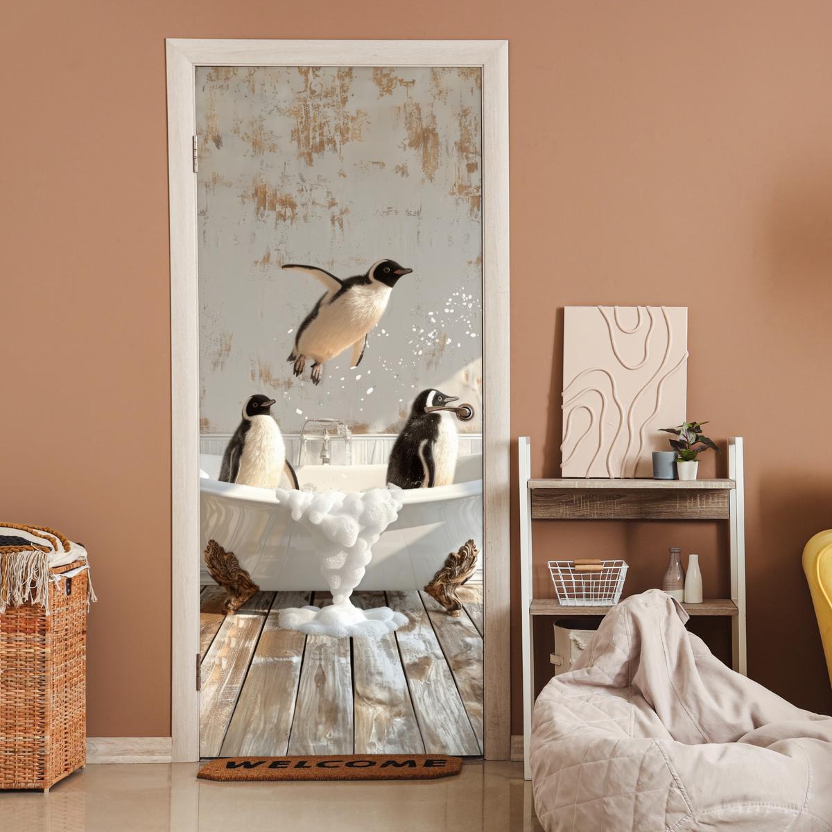 TÜRAUFKLEBER Vintage - Pinguin - Badewanne - Schaumstoff 90x215 cm - Türtapete - Hellbraun, Kunststoff (90/0.1cm) - MuchoWow