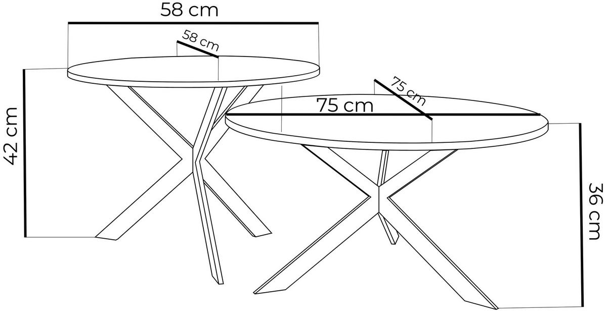 COUCHTISCH-SET Lev 2er-Set rund, Craft Eiche 75/36, 58/42 - Eiche Wotan/Schwarz, Holzwerkstoff/Metall (75/75/42cm) - WFL GROUP