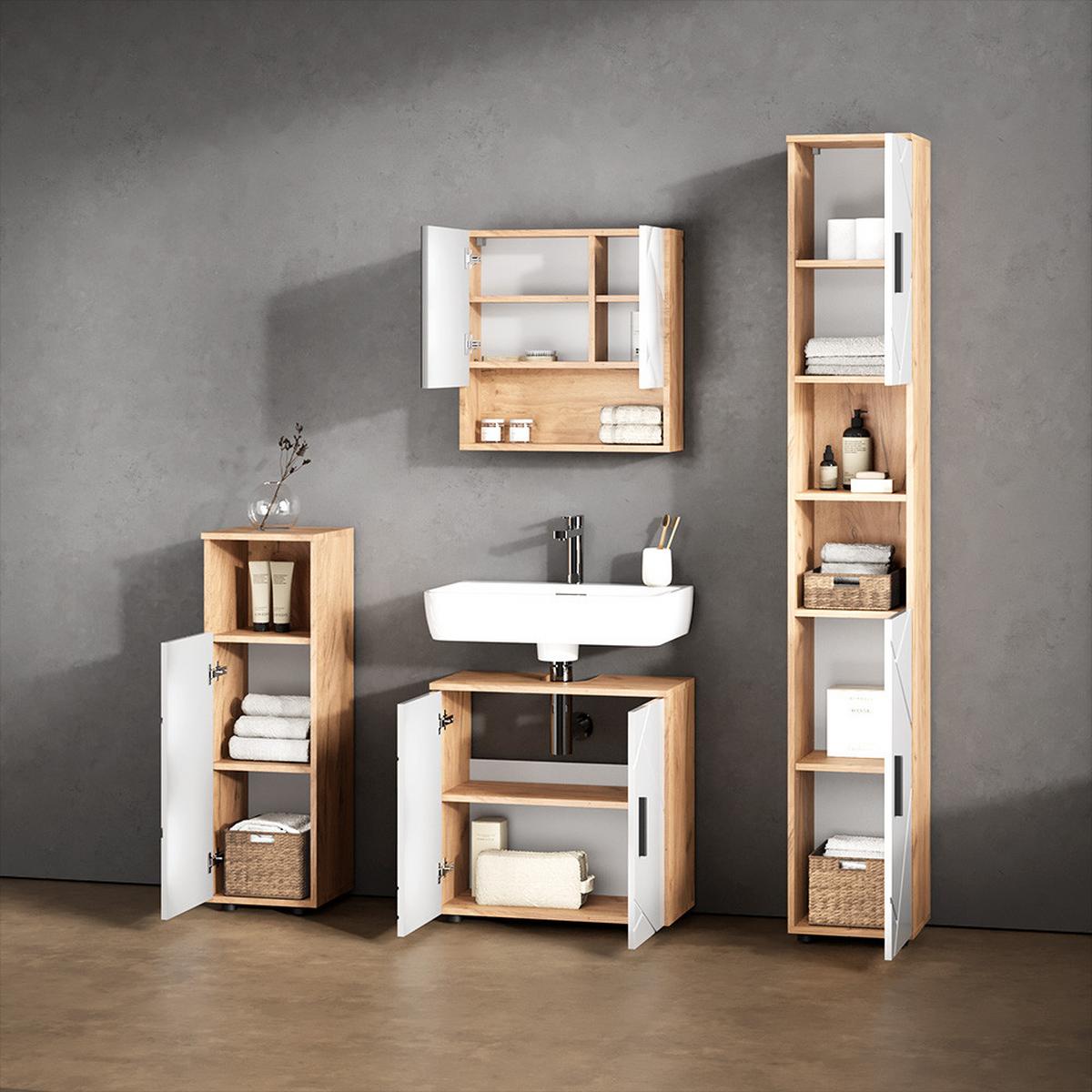 BADMÖBEL-SET Ronco Weiß Hochglanz/Goldkraft Eiche 4 Teile, mit Hochschrank - Honigeiche/Weiß Hochglanz, Holzwerkstoff (60/59/30cm) - Livinity®