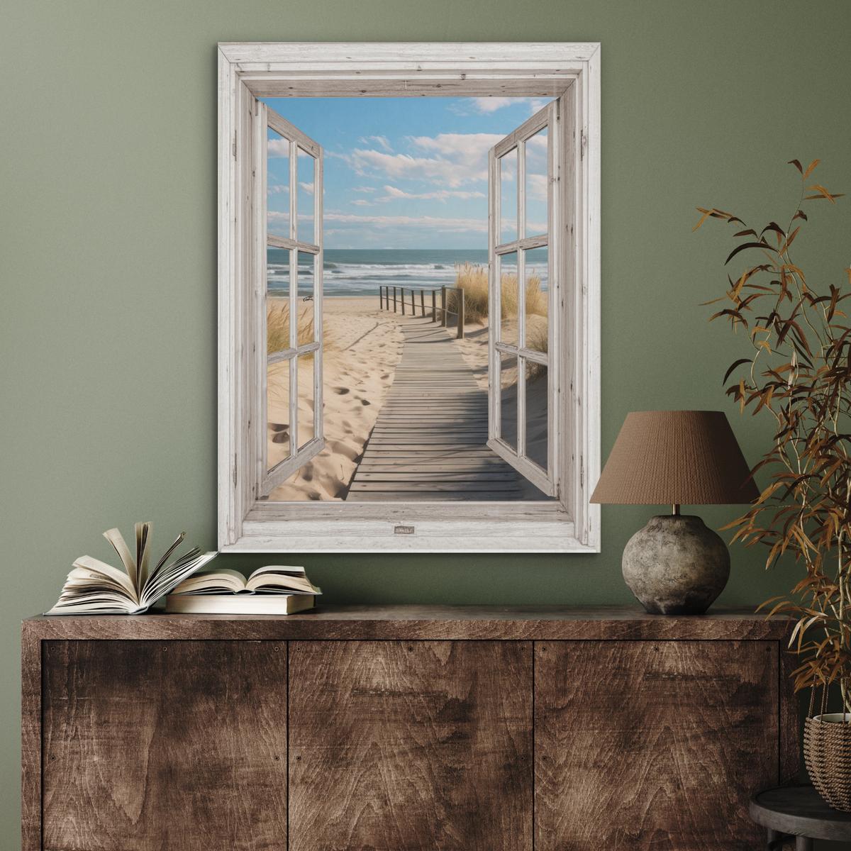 AKUSTIKBILD Fenster - Meer - Küste - Natur - Ausblick - Strand - Wattenmeer Wandbilder 60x80 cm - Beige, Kunststoff (60/80/0.9cm) - MuchoWow