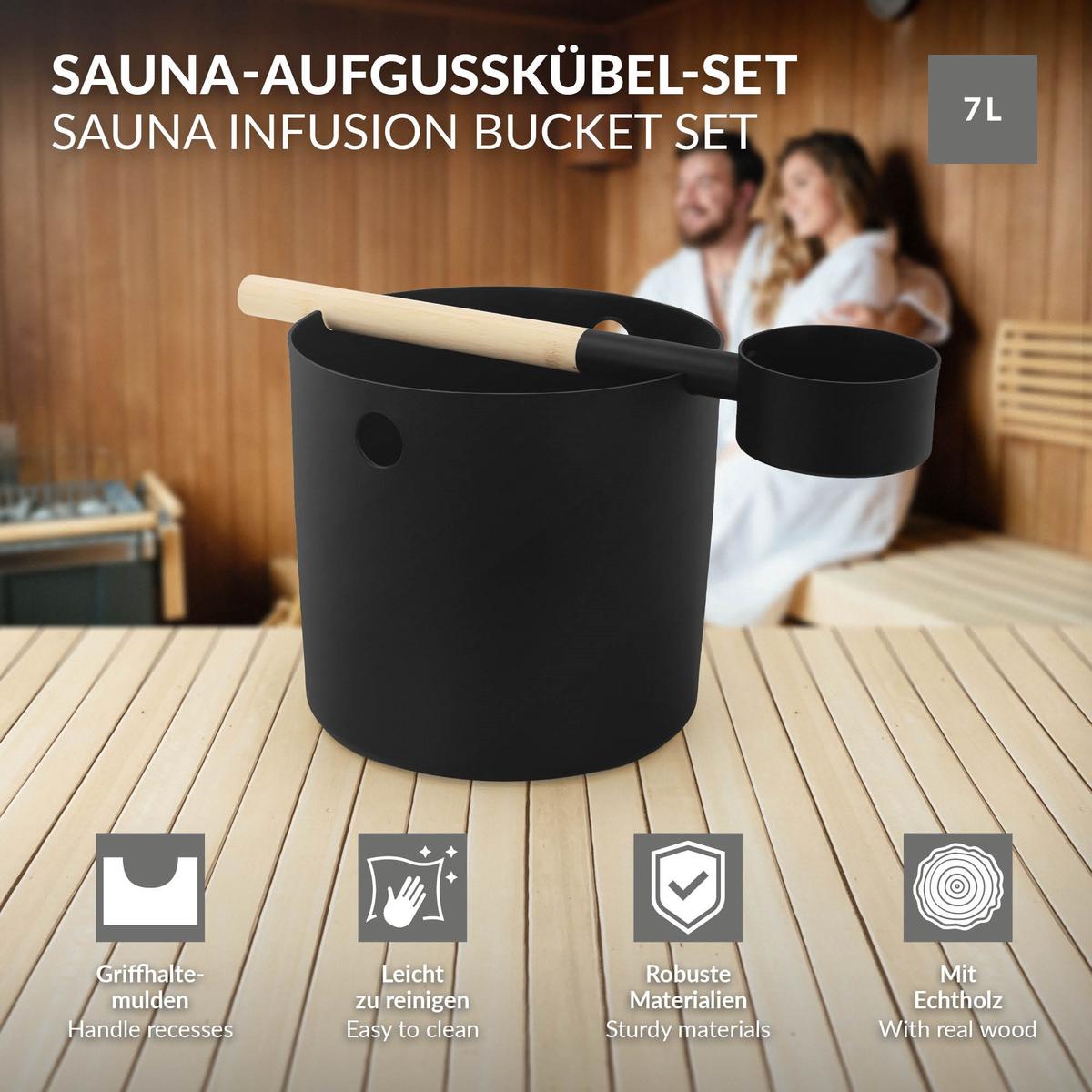 SAUNA ZUBEHÖR SET 2 tlg Aufgusseimer Saunakelle aus Aluminium Schwarz Saunaaufguss Set - Schwarz, Metall (24.3/22.5/24.3cm) - LuxeBath