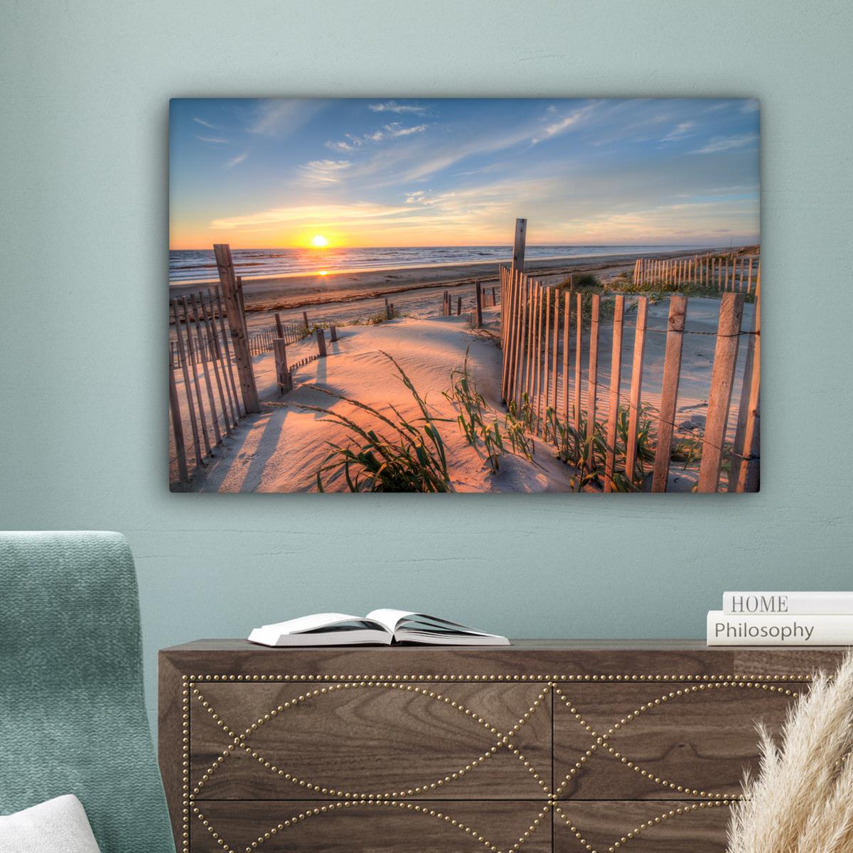 LEINWANDBILD Strand - Meer - Düne - Sonnenuntergang - Landschaft Wanddeko 90x60 cm - Beige, Textil (90/60cm) - MuchoWow