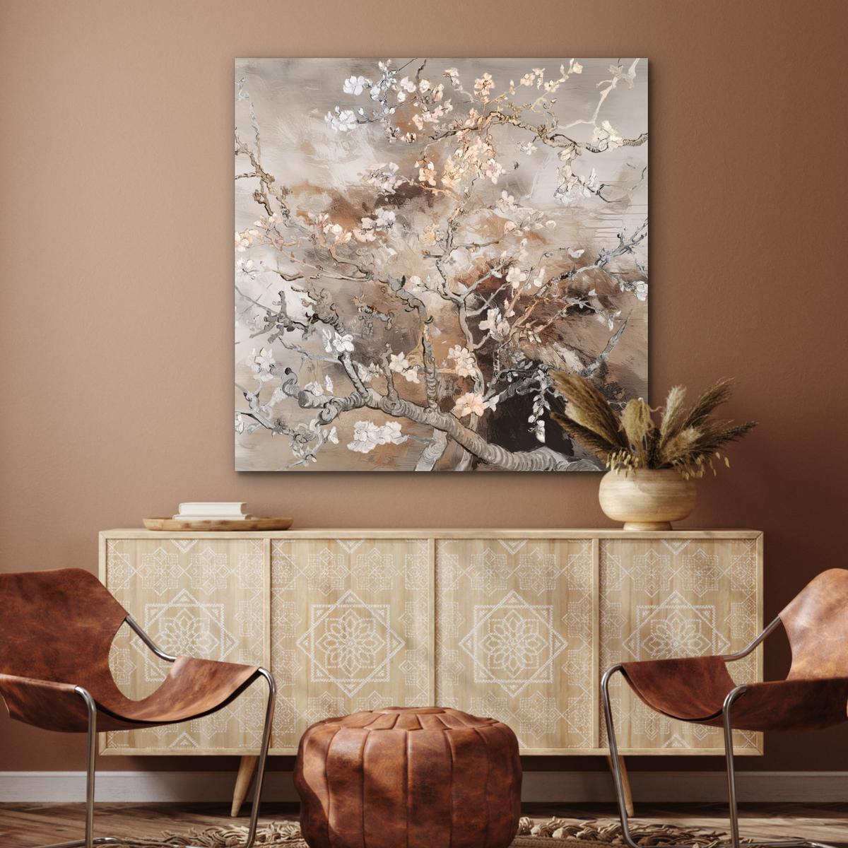 METALLBILD Mandelblüte - Kunst - Van Gogh - Beige - Abstrakt 90x90 cm - Braun, Metall (90/90cm) - MuchoWow
