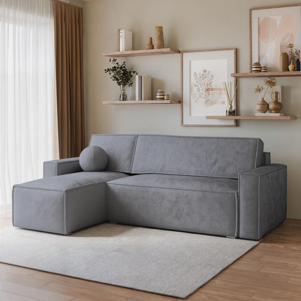 ECKSOFA RAVELO M Grau Velours-Stoff mit Schlaffunktion - Grau, Holz/Kunststoff (240/140cm) - MASSENO