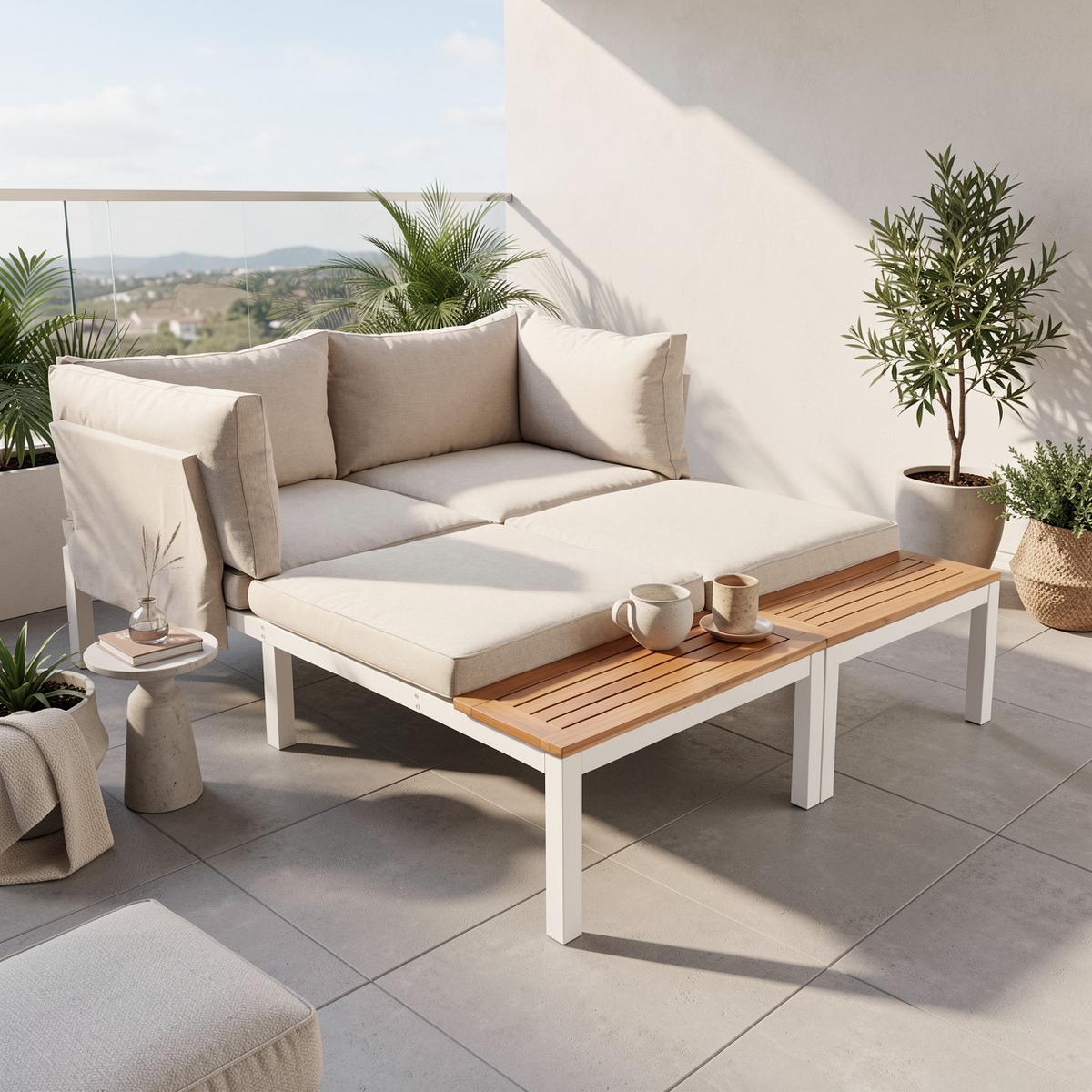 LOUNGEGARNITUR 5-tlg. Stahl & Akazie Beige Gartensofa mit Tisch & Beistelltischen - Beige, Metall - Urban Meuble