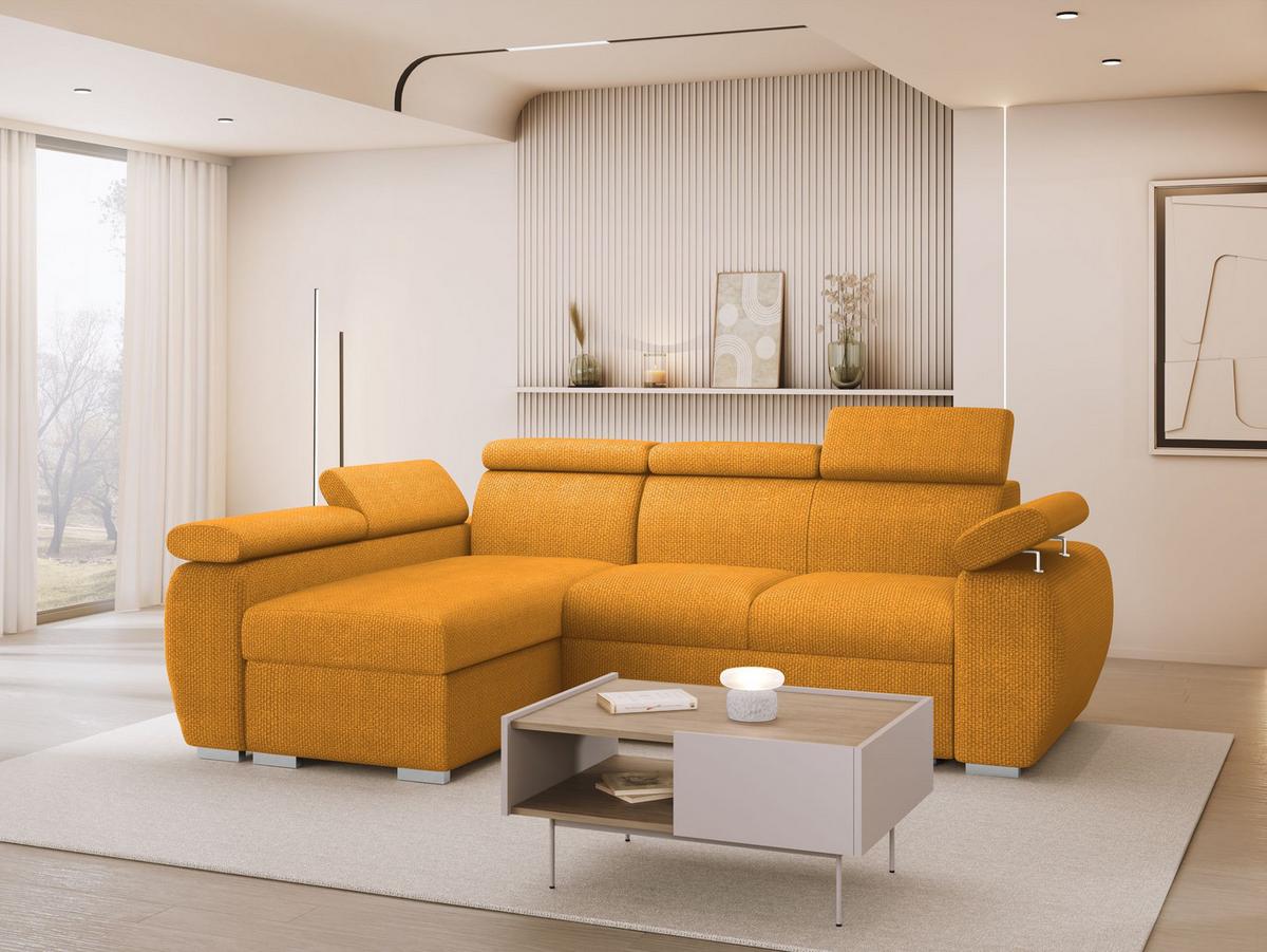 ECKSOFA Boston Mini, Seite: Links - LC+2R - Currygelb/Chromfarben, Holz/Textil (255/170cm) - MIRJAN24