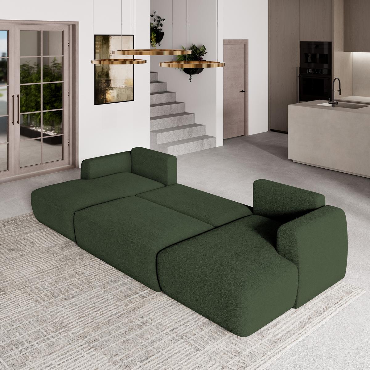 WOHNLANDSCHAFT SENTUM N Grün Boucle-Stoff mit Schlaffunktion - Schwarz/Grün, Holz/Kunststoff (330/90/148cm) - MASSENO