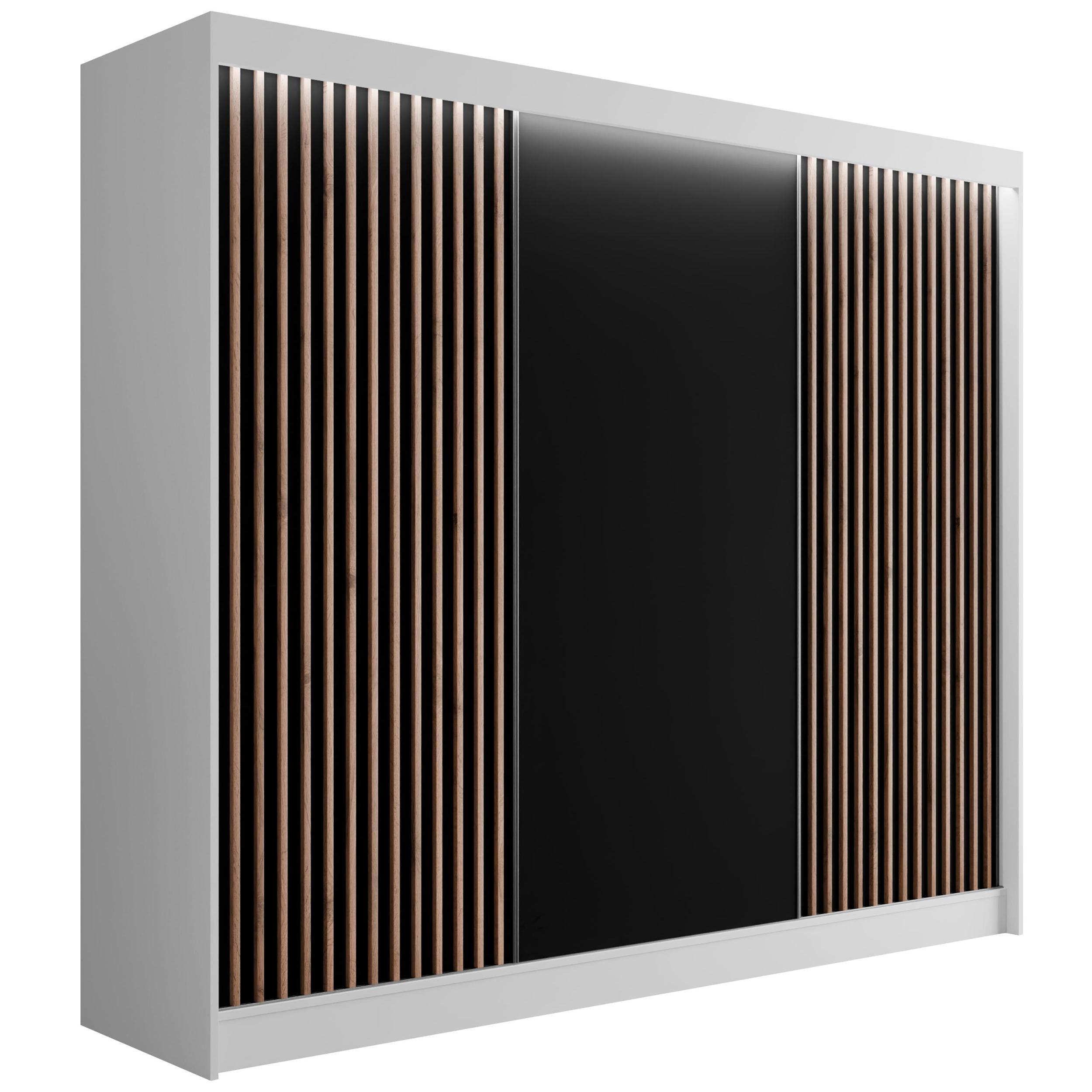 KLEIDERSCHRANK mit LED, Lamel-Schiebetüren VILANv2 - 250 cm Weiß + Lamelle Eiche Wotan - Eiche Wotan/Weiß, Holzwerkstoff (250/215/61cm) - ALTDECOR