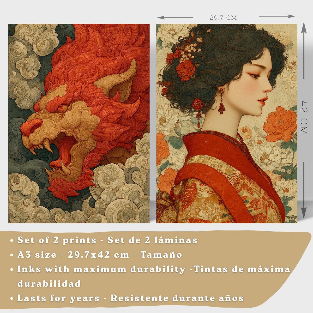 POSTER 2er-Set dekorative Badezimmer-Kunstdrucke, im japanischen Stil für Wand, Toilette mit orientalischem Drachen und Frau Schwarzer Rahmen A3 - Schwarz, Papier (42/29.7/3cm) - Nacnic