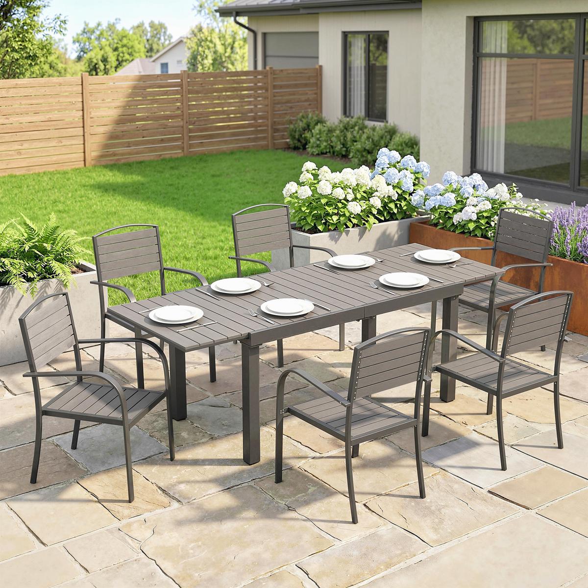 OUTDOOR-ESSGRUPPE 7er Set Aluminium WPC Grau - Grau, Kunststoff/Metall - Outsunny