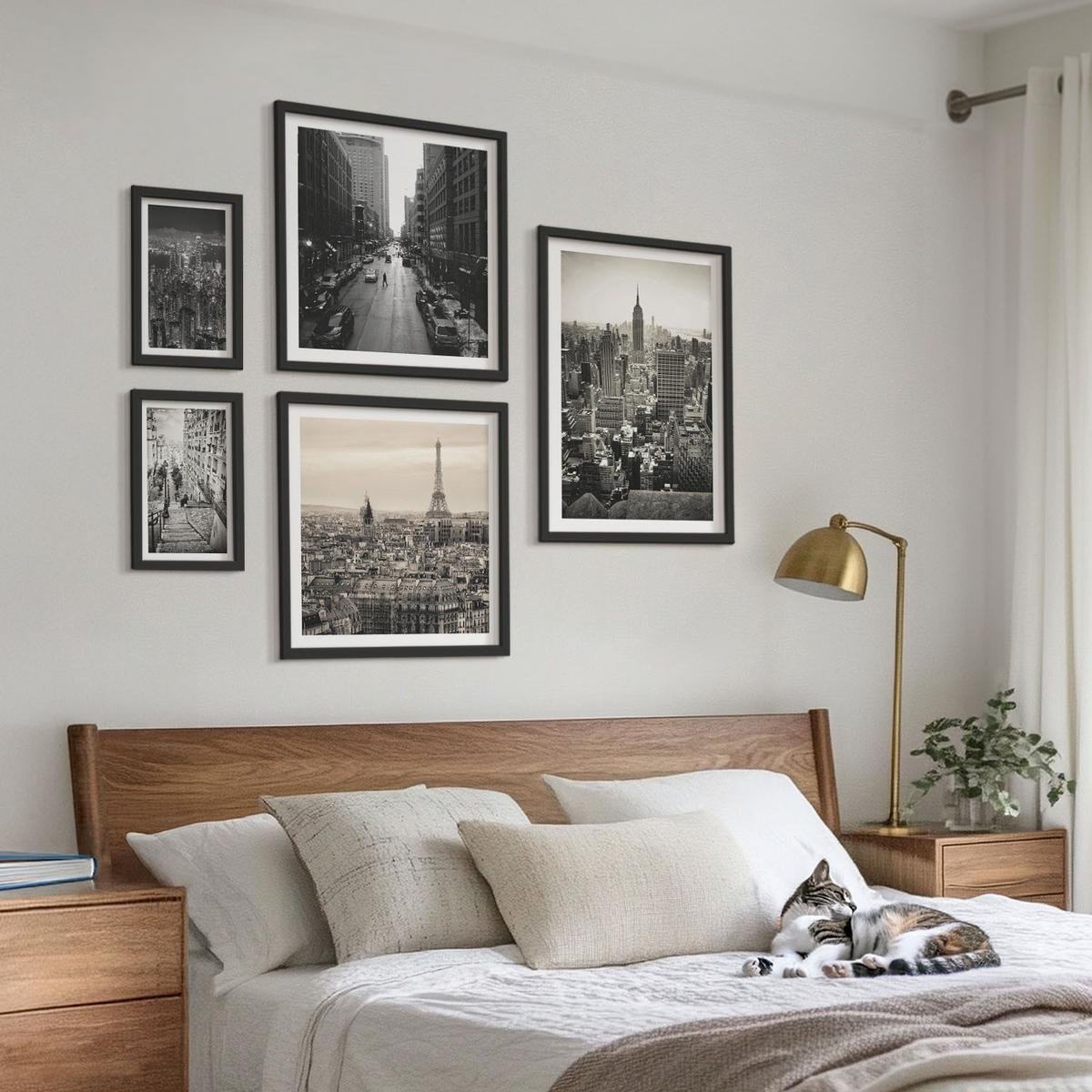 BILDER SET 5er Set - 50x50 cm & 20x30 cm & 40x60 cm Schwarzer Rahmen - Winterlandschaften, Wasserfälle, Nordlichter - Schwarz, Kunststoff (40/60cm) - TULUP