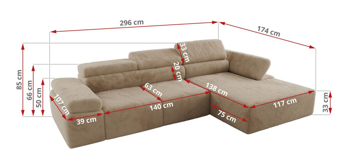 ECKSOFA RILASSO L Beige Plüsch - rechts - Beige/Schwarz, Kunststoff/Textil (174/296cm) - MKS