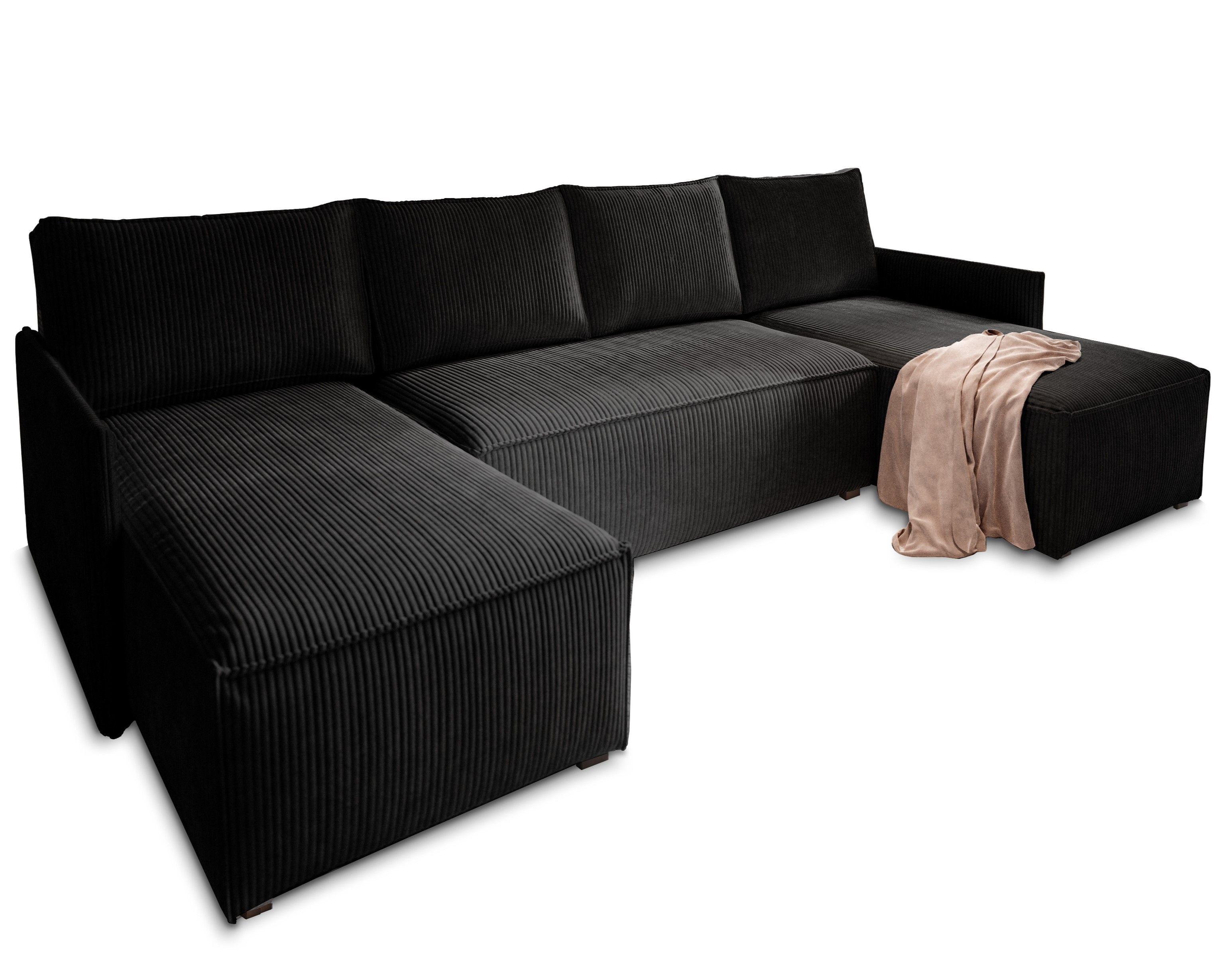 WOHNLANDSCHAFT TRES Schwarz Kordstoff mit Schlaffunktion - Schwarz/Grau, Holz/Kunststoff (271/85/140cm) - MASSENO