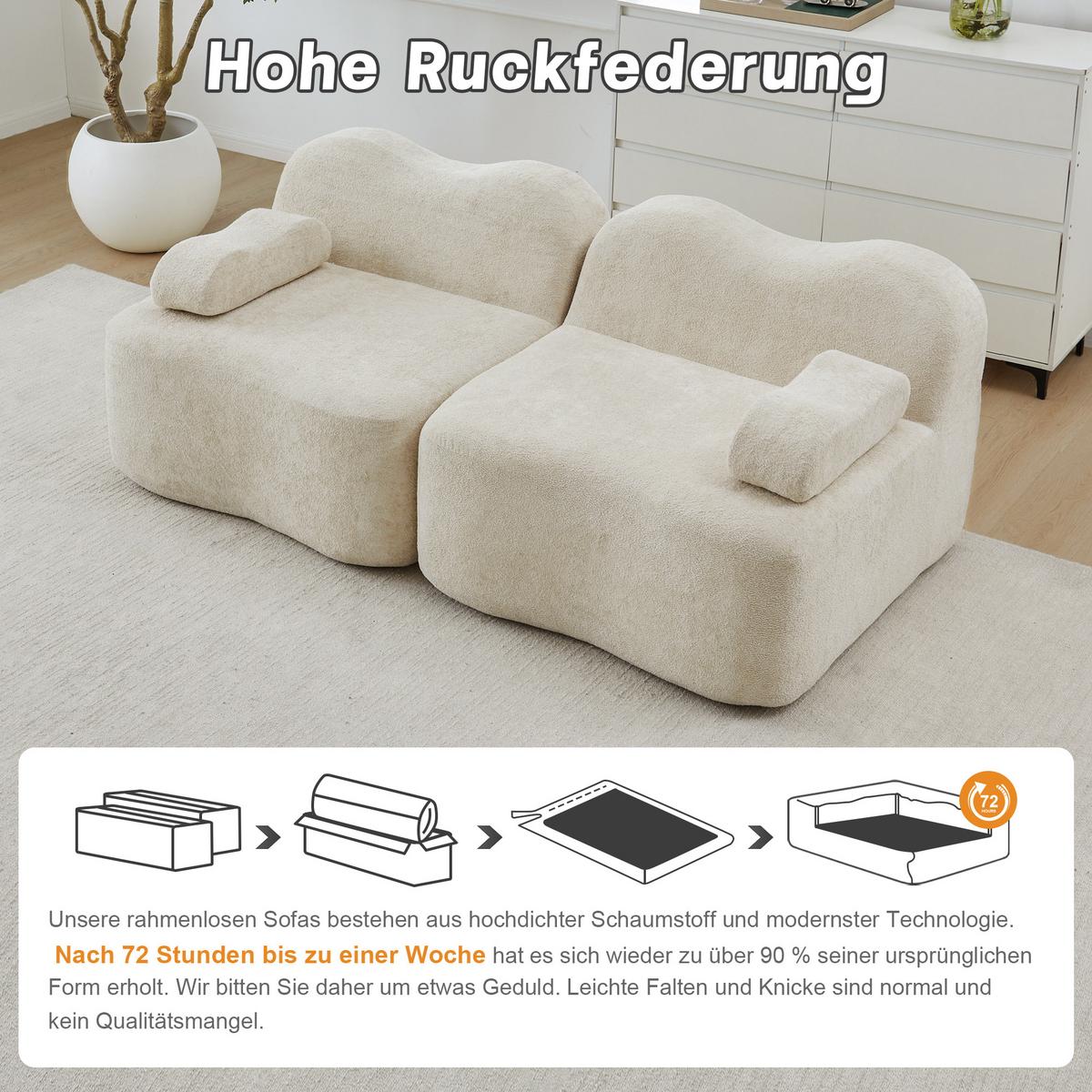 2-SITZER SOFA Modulares Boneless Samt Wellenform - Beige, Textil (192/70/98cm) - Urban Meuble