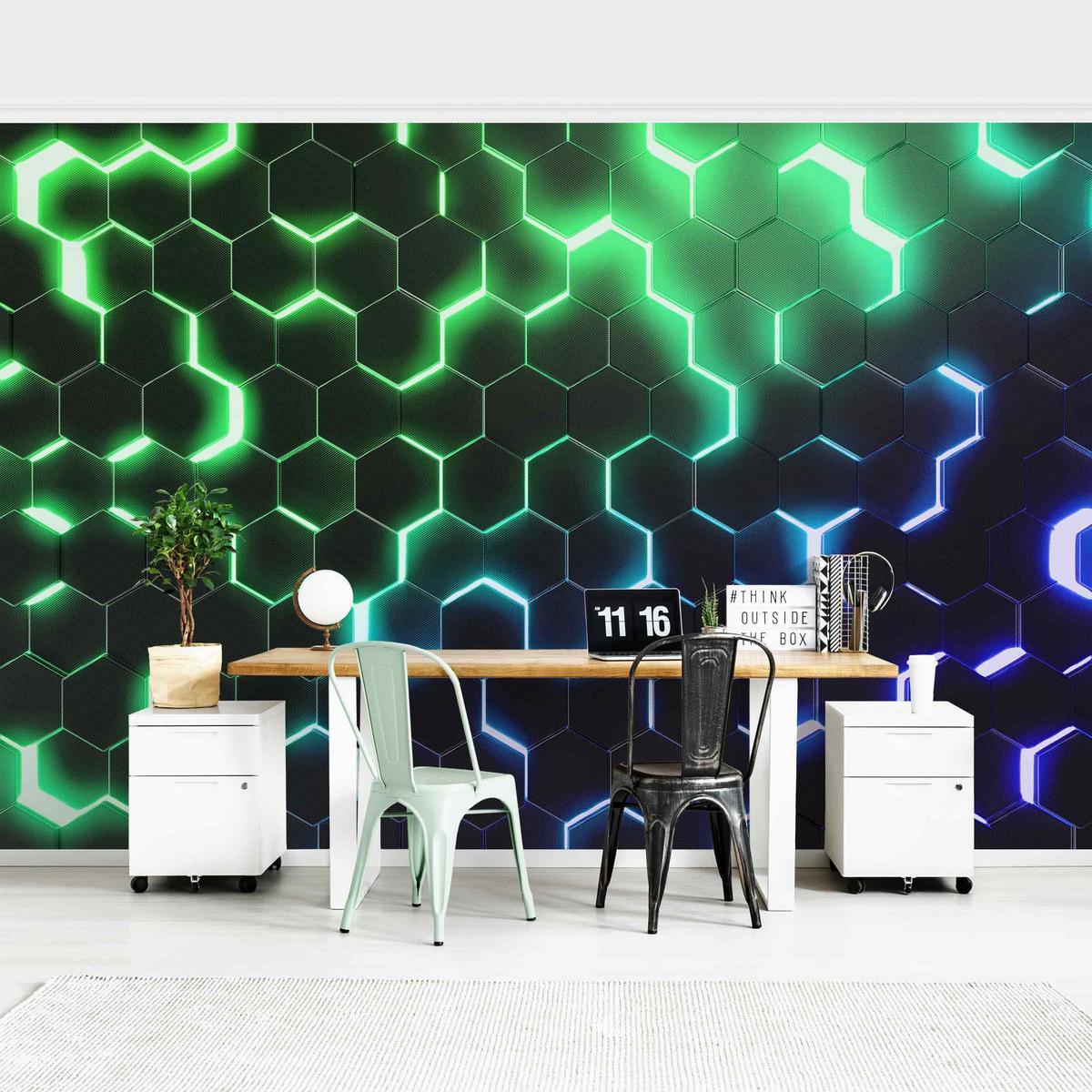 FOTOTAPETE Strukturierte Hexagone mit Neonlicht in Grün und Blau 384/255 cm - Schwarz, Papier (384/255cm) - Bilderwelten