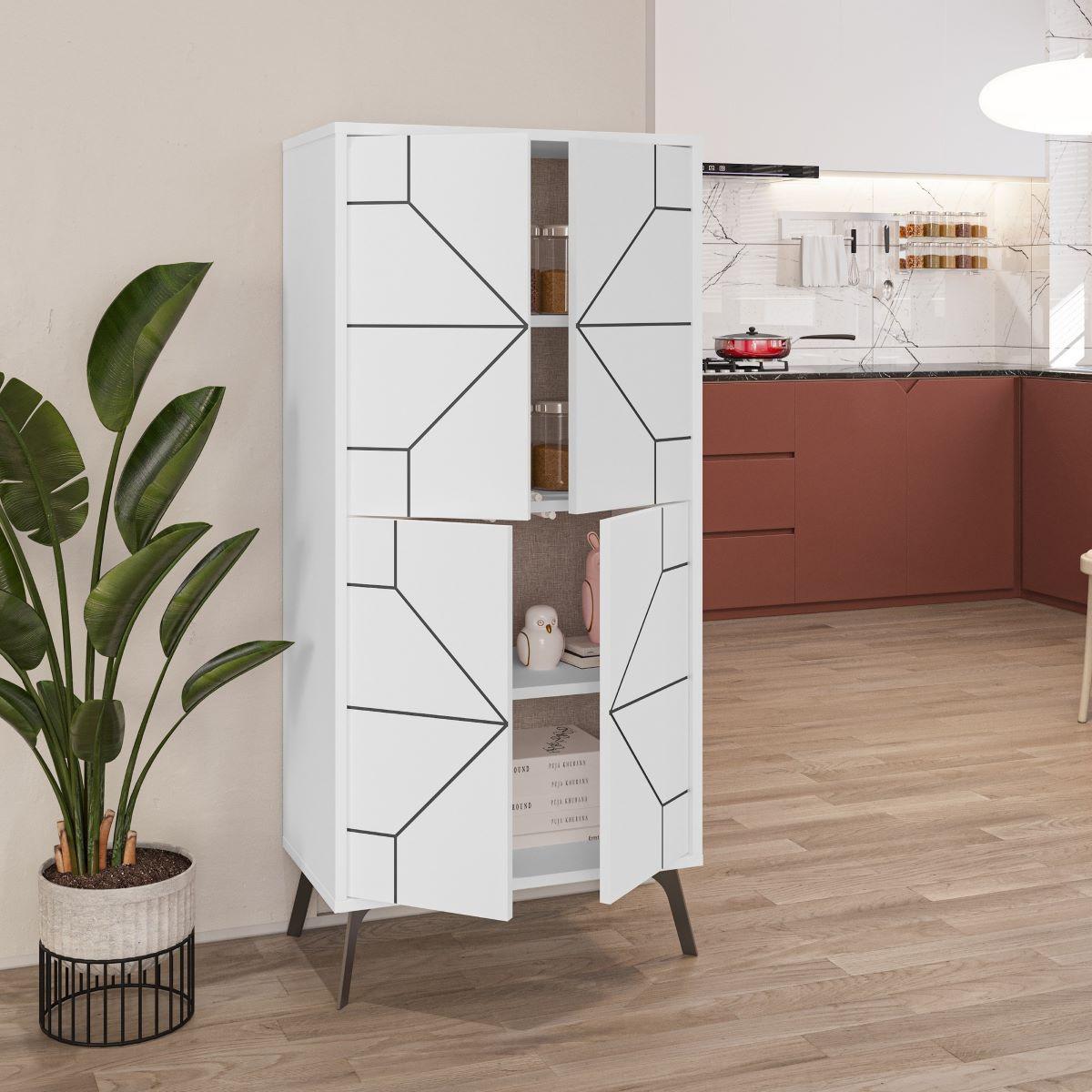 HIGHBOARD mit 4 weißen Türen und schwarzen Dekorationen H136 cm - Dune - Weiß, Holzwerkstoff (35.6/136/13cm) - Calicosy