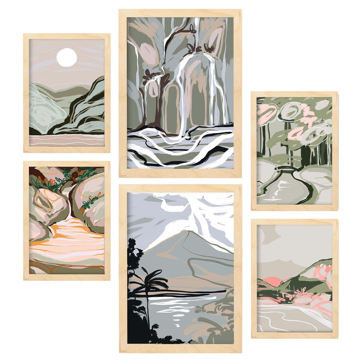 POSTER Set Mit 6 Clift Rahmen In Kulissen Abstracts Ästhetische Dekorative Gemälde Für Ihr Wohnzimmer Zuhause A3 & A4 Rahmen Aus Hellem Holz - Beige, Papier (29/3cm) - Nacnic