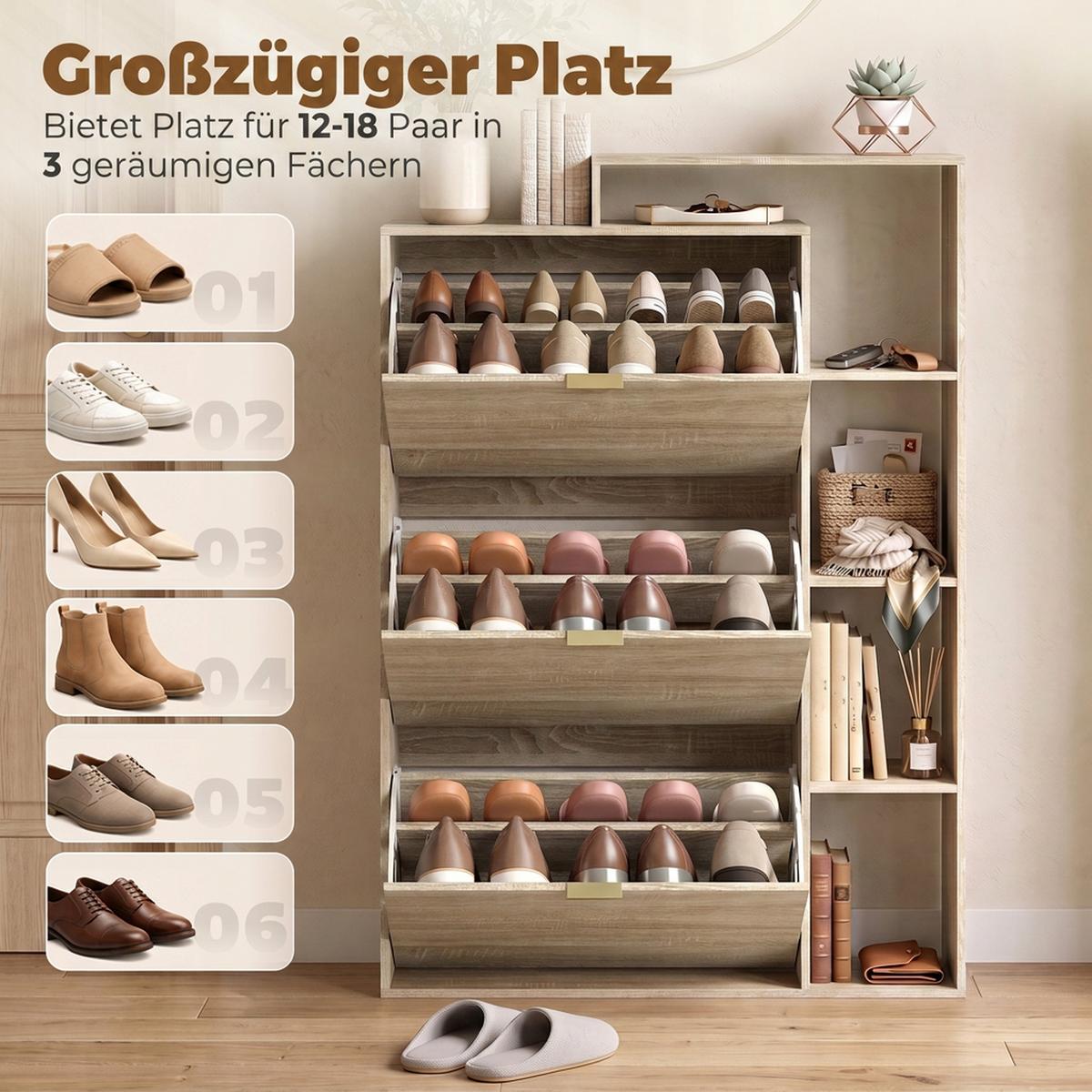 SCHUHSCHRANK MDF Naturholz - Goldfarben/Naturfarben, Holzwerkstoff/Metall (25/123.8/80cm) - HOMCOM