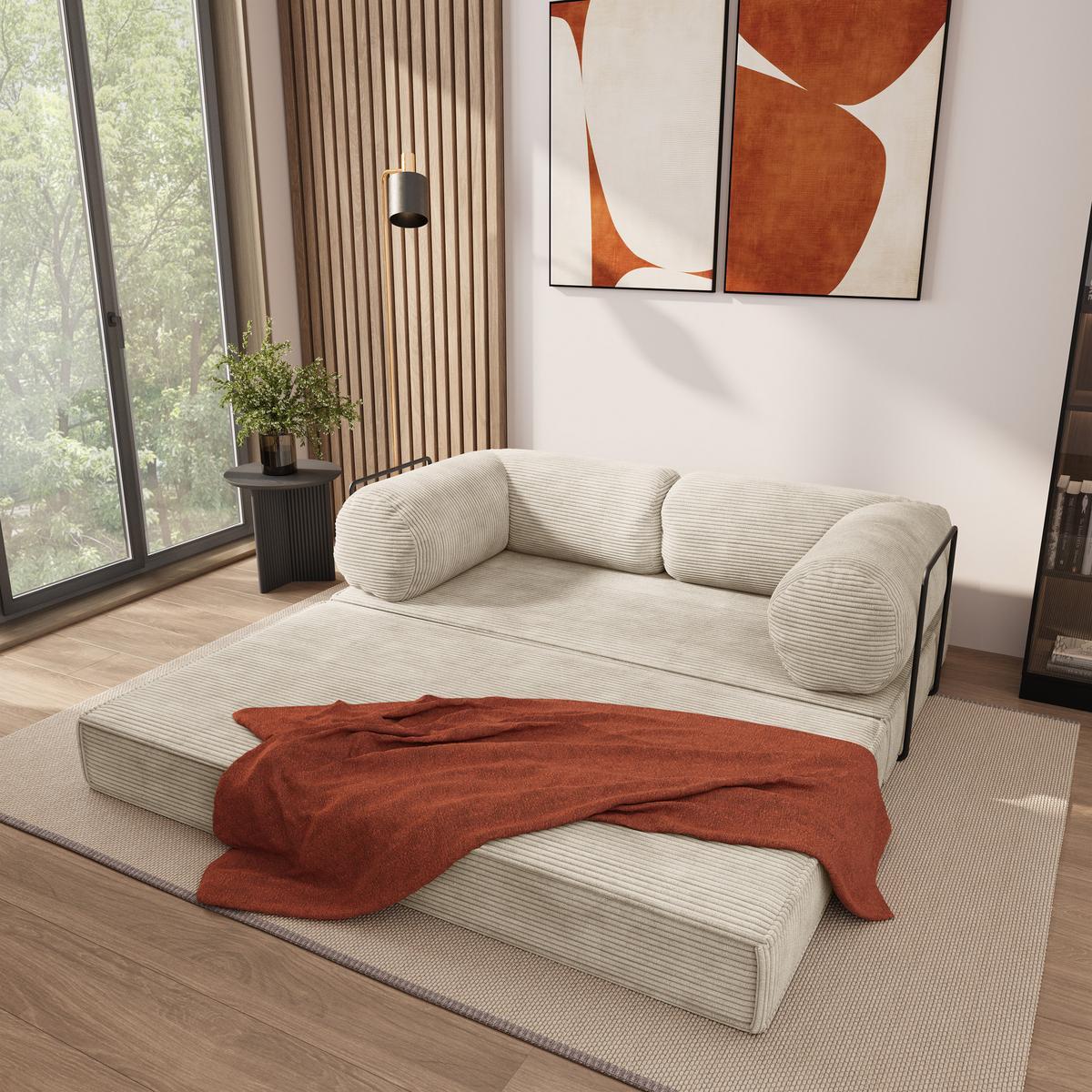 BETTSOFA ALVIO aus Schaumstoff Kordstoff Creme Schlaffunktion - Creme, Textil (170/68/80cm) - MASSENO