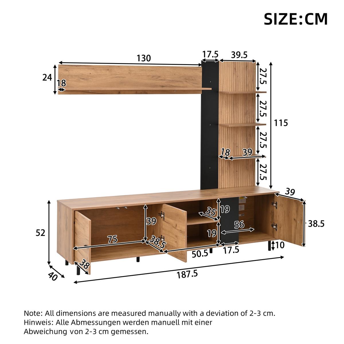 TV LOWBOARD set holz schwarz modern stauraum - Naturfarben, Holzwerkstoff (187.5/167/40cm) - Urban Meuble