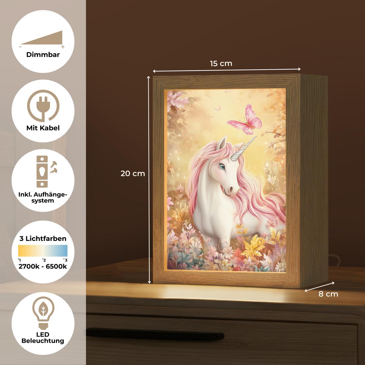 WANDLEUCHTE Einhorn - Blumen - Schmetterling - Rosa 15x20 cm - Beige, Holzwerkstoff (15/20/8cm) - OnlyWow