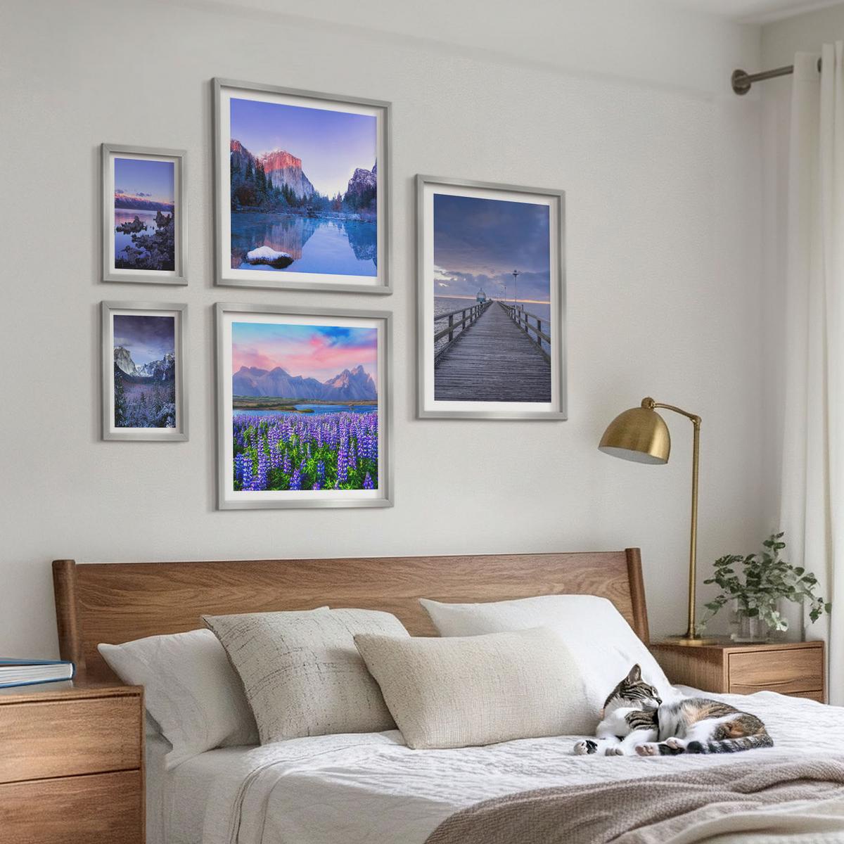 BILDER SET 5er Set - 50x50 cm & 20x30 cm & 40x60 cm Silberner Rahmen - Berglandschaften, Wasser, Blumenfeld - Silberfarben, Kunststoff (40/60cm) - TULUP