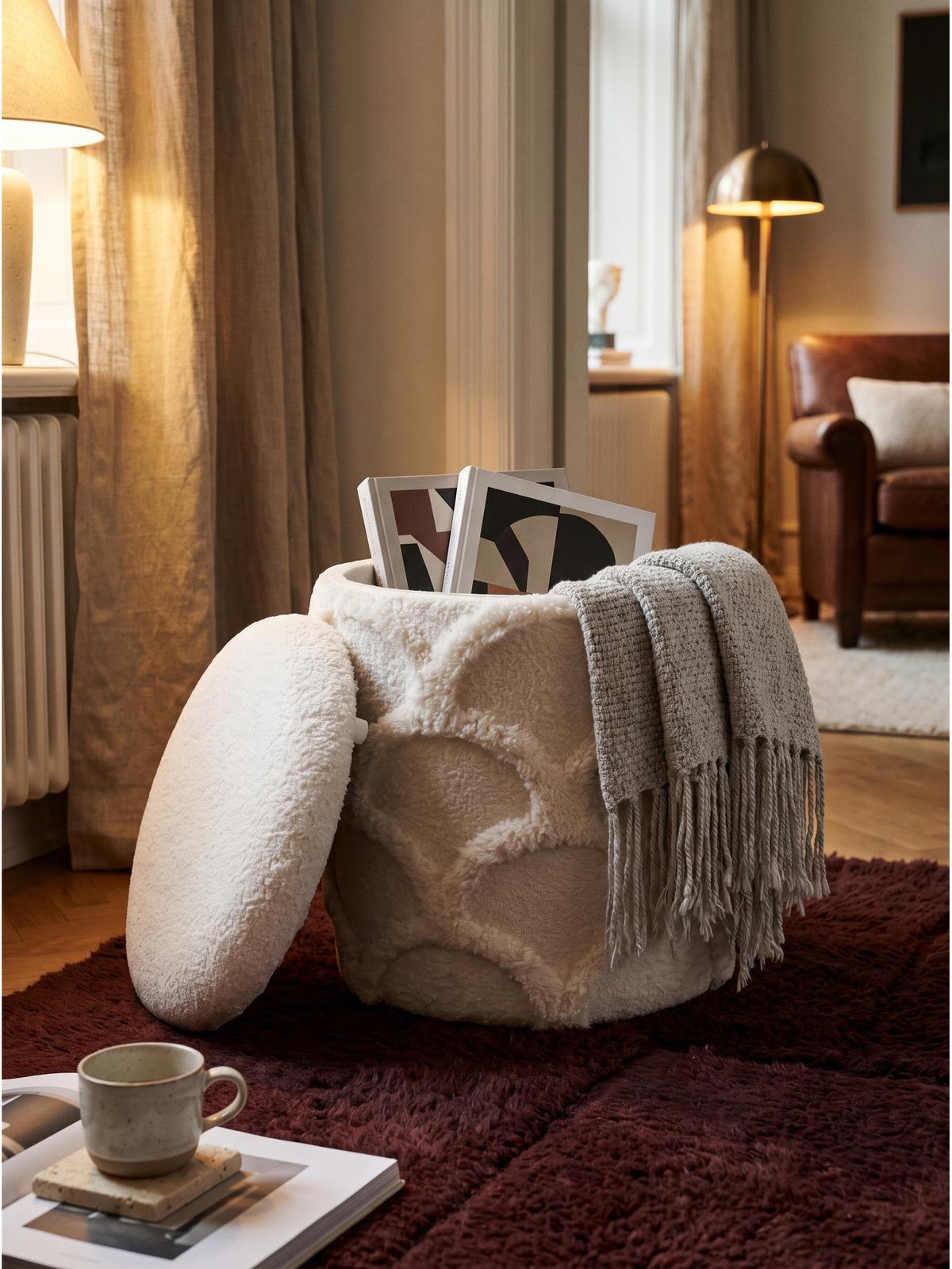 SITZHOCKER RHONE, Teddystoff, mit Wellenmuster, Creme, Ø 40 x 45 cm - Beige/Creme, Textil (40/45/40cm) - KADIMA DESIGN