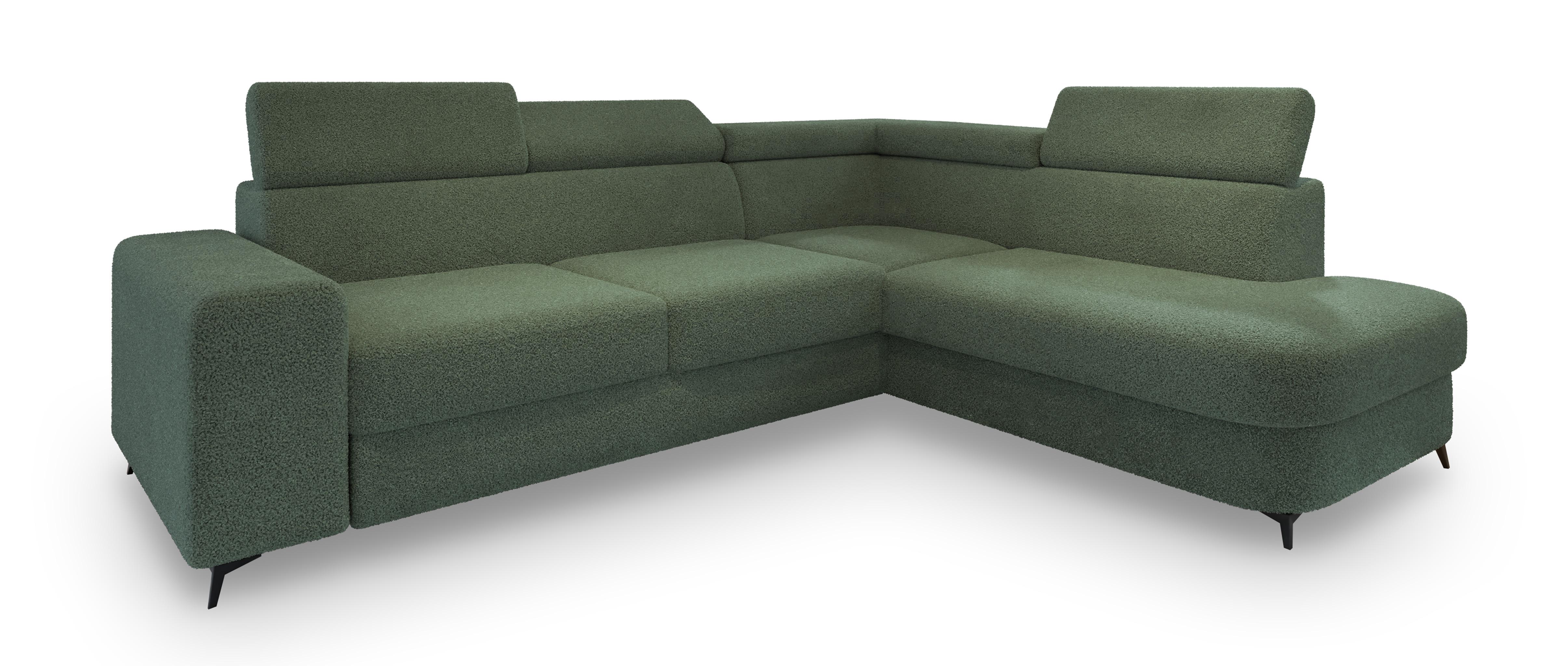 ECKSOFA ALVORO R-S Grün Boucle-Stoff mit Schlaffunktion - Grün, Holz (253/190cm) - MASSENO